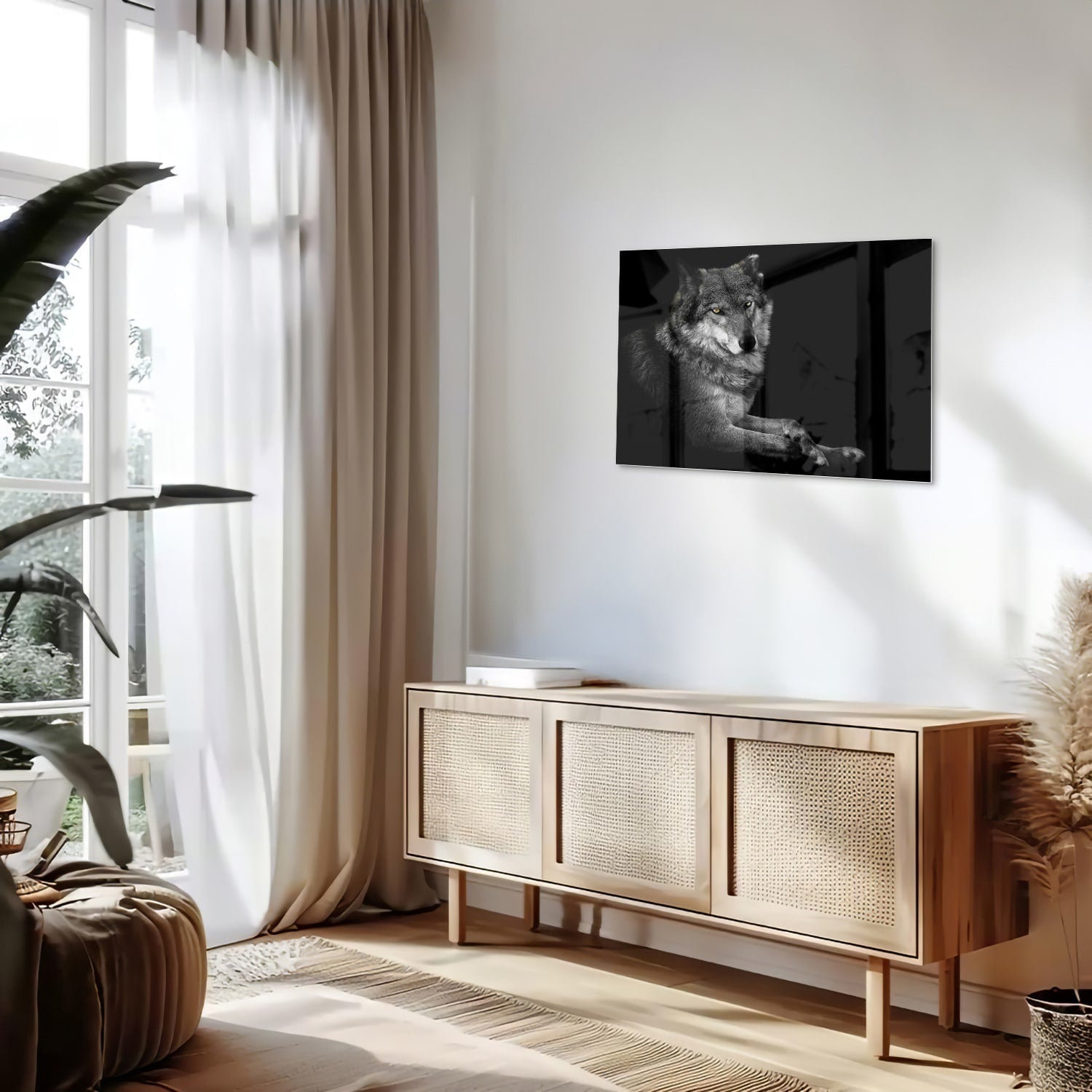 Glas schilderij van een wolf in zwart-wit, perfect voor wanddecoratie.