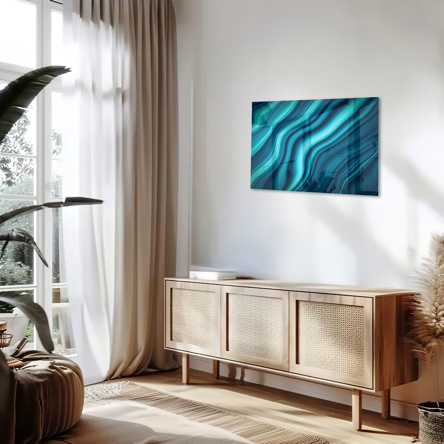 Moderne glazen schilderij met blauwe en groene golven aan de muur