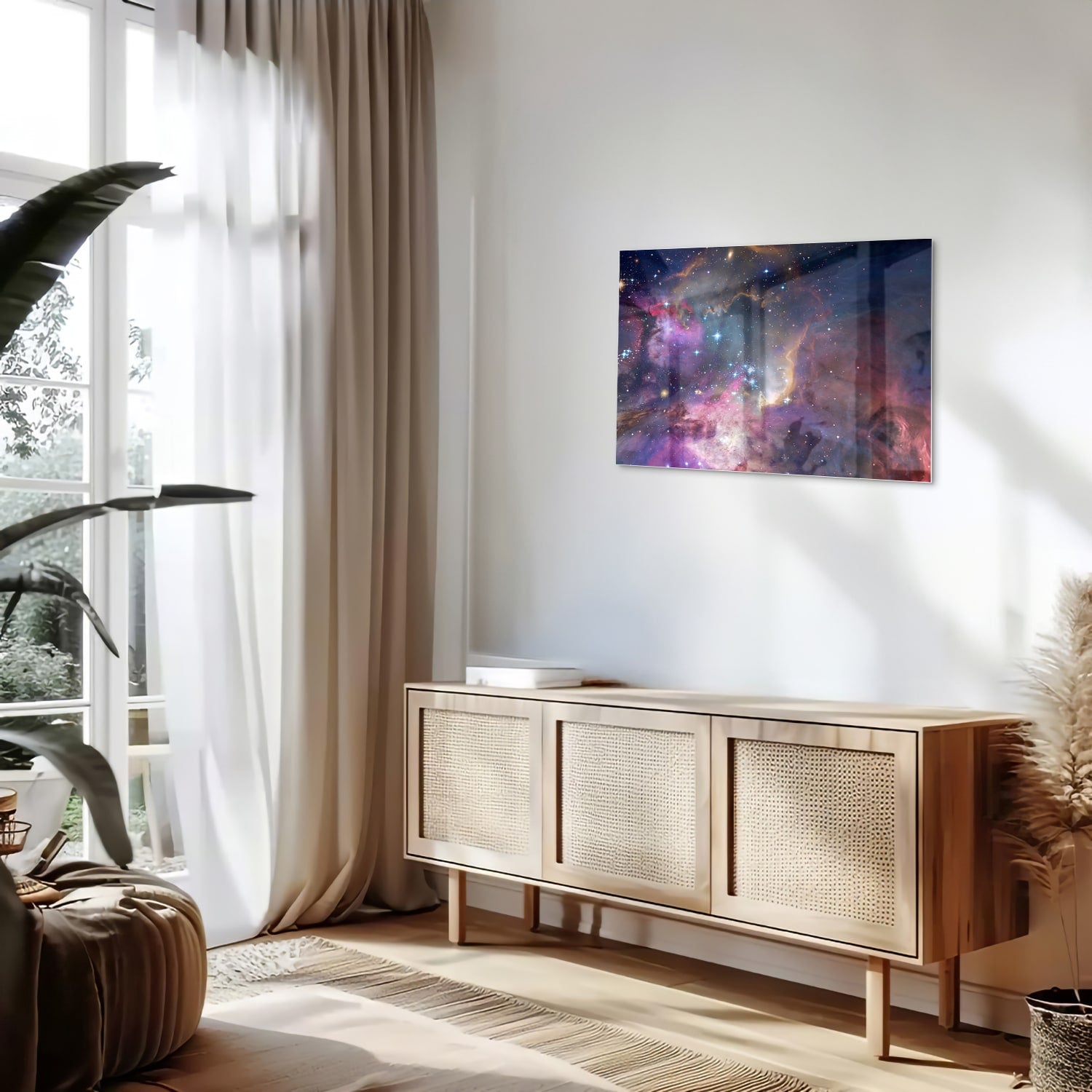 Glazen schilderij met een prachtig universum en sterren op een wand