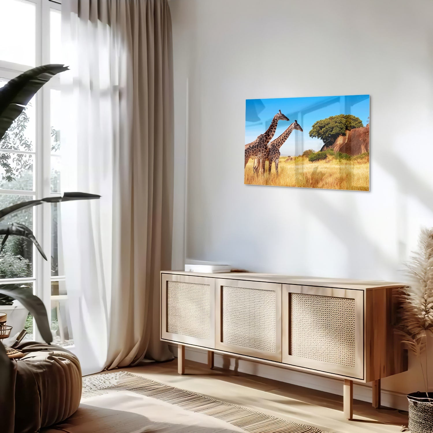 Glazen schilderij van twee giraffen in een Afrikaans landschap