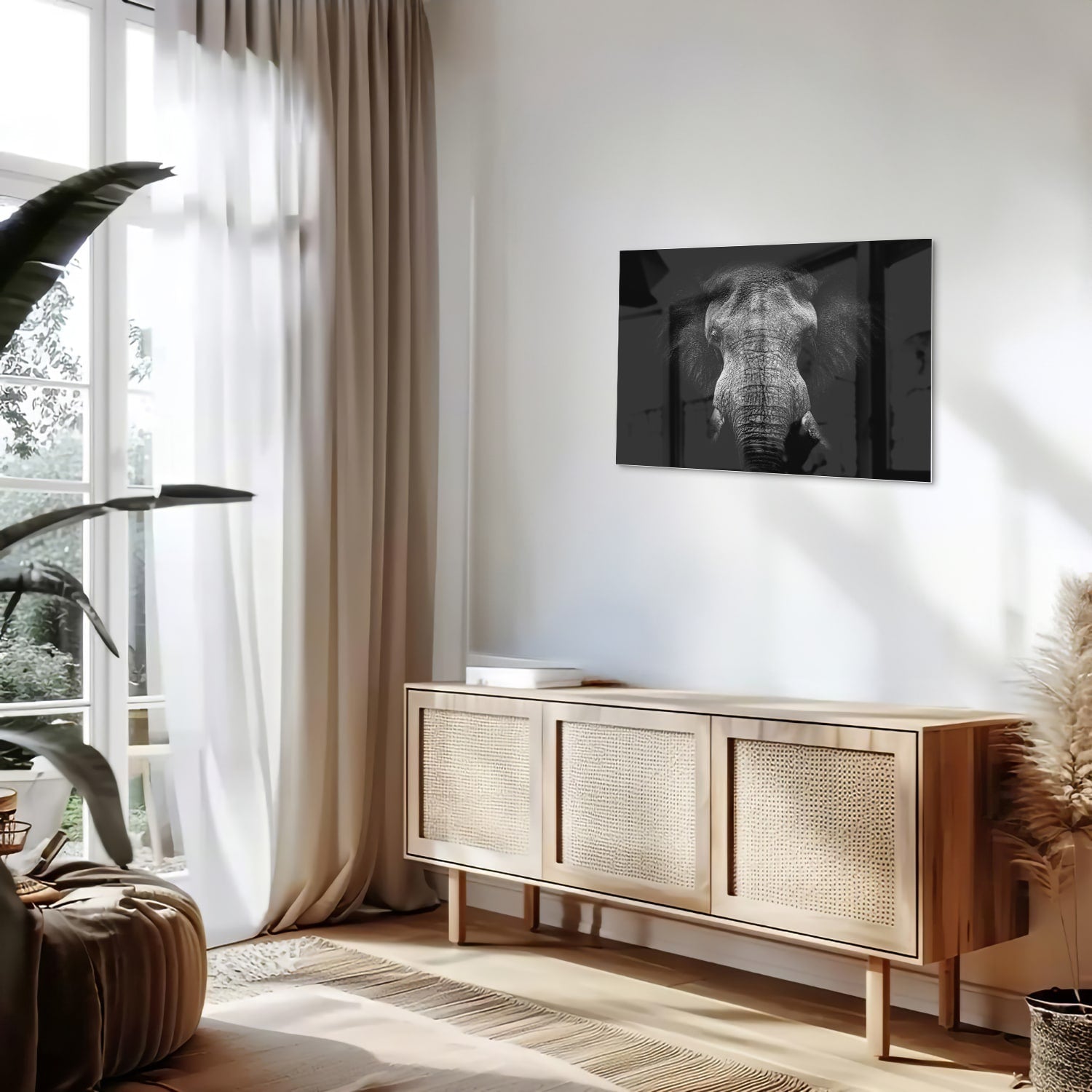 Glazen schilderij van een olifant in zwart-wit, perfect voor interieurdecoratie.