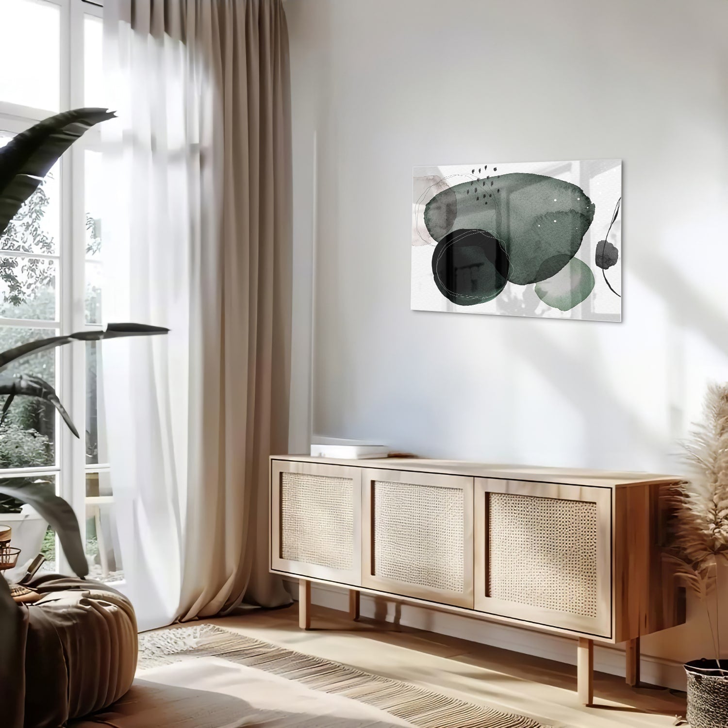 Abstract glas schilderij met groene en zwarte vormen