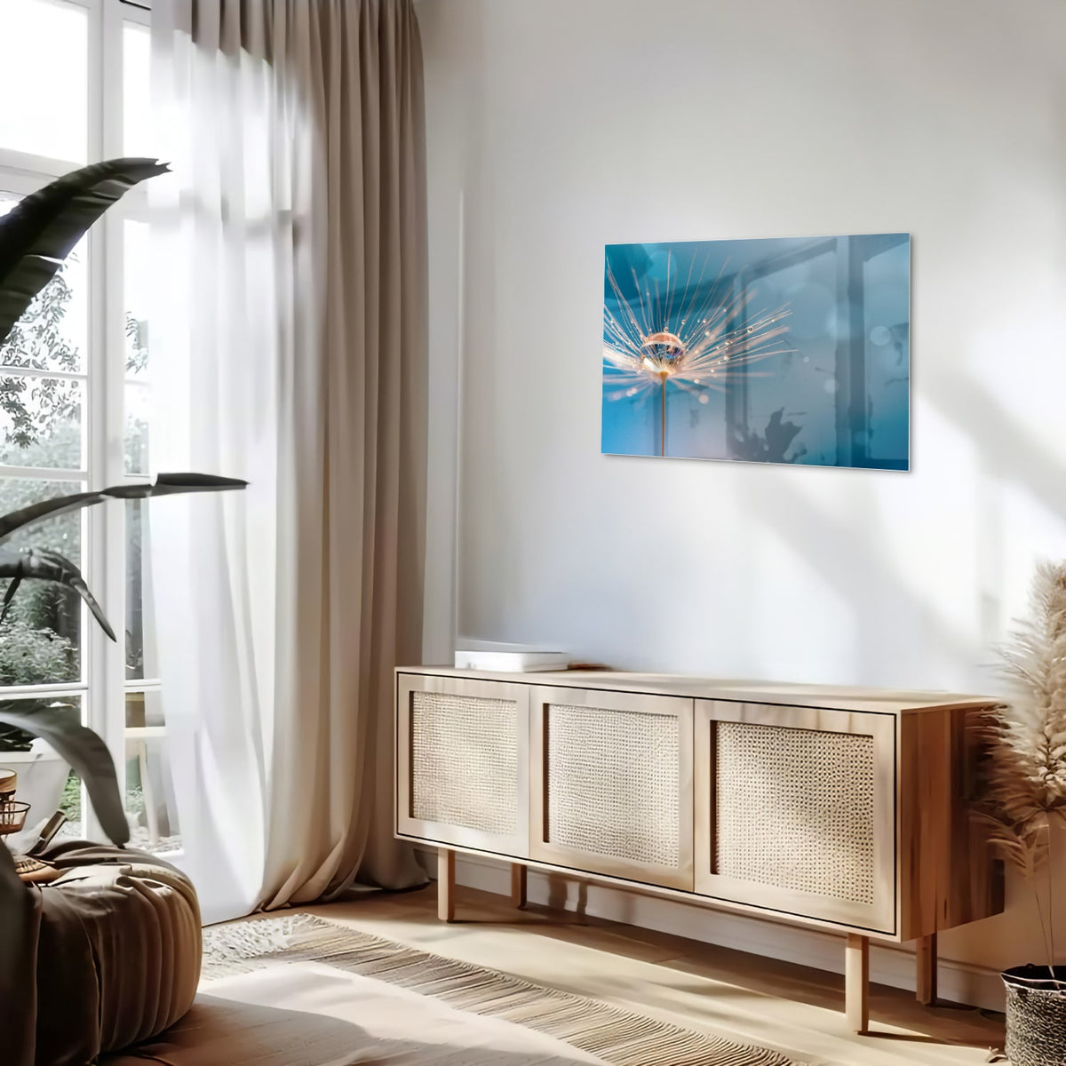 Glazen schilderij van een dandelion op een blauwe achtergrond