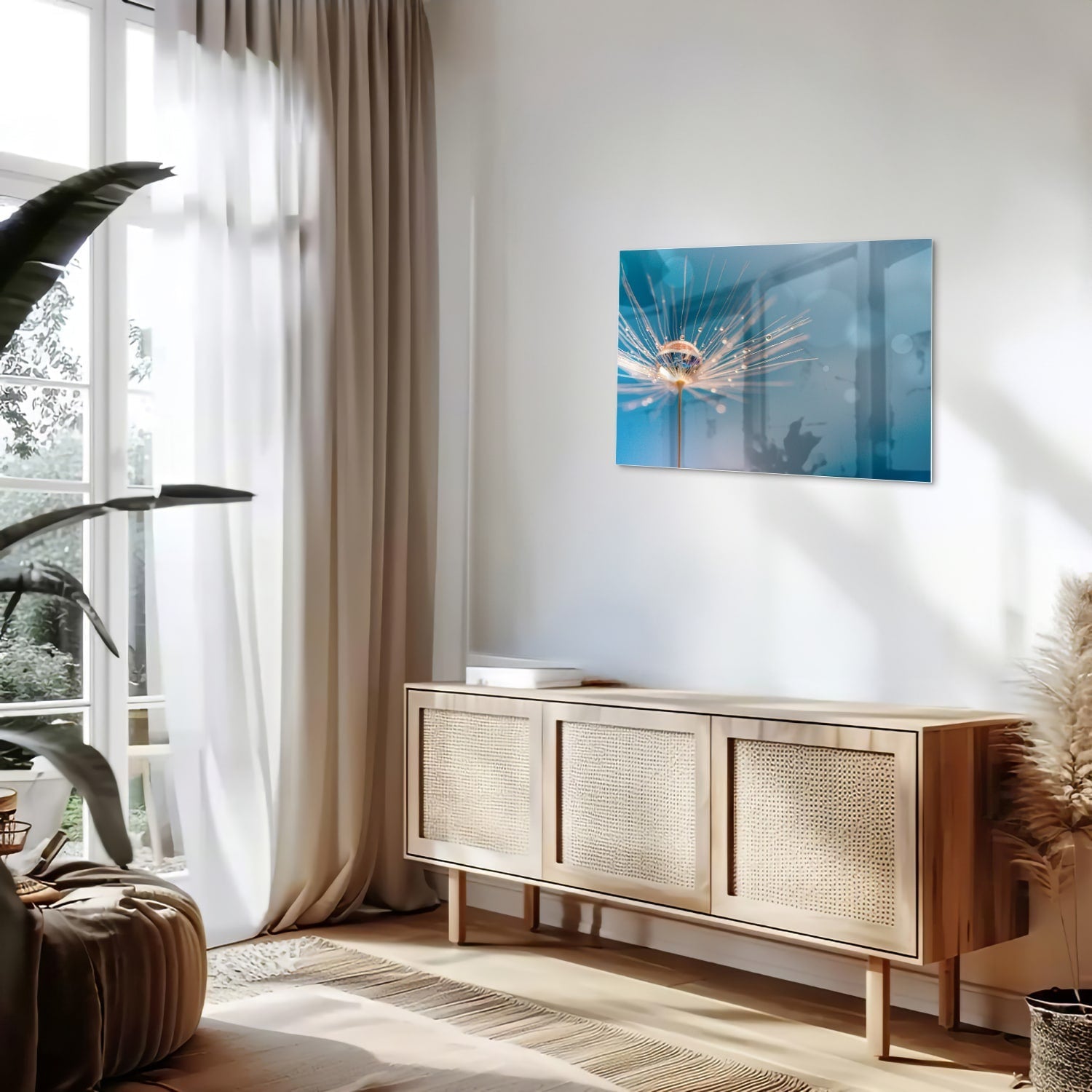 Glazen schilderij van een dandelion op een blauwe achtergrond