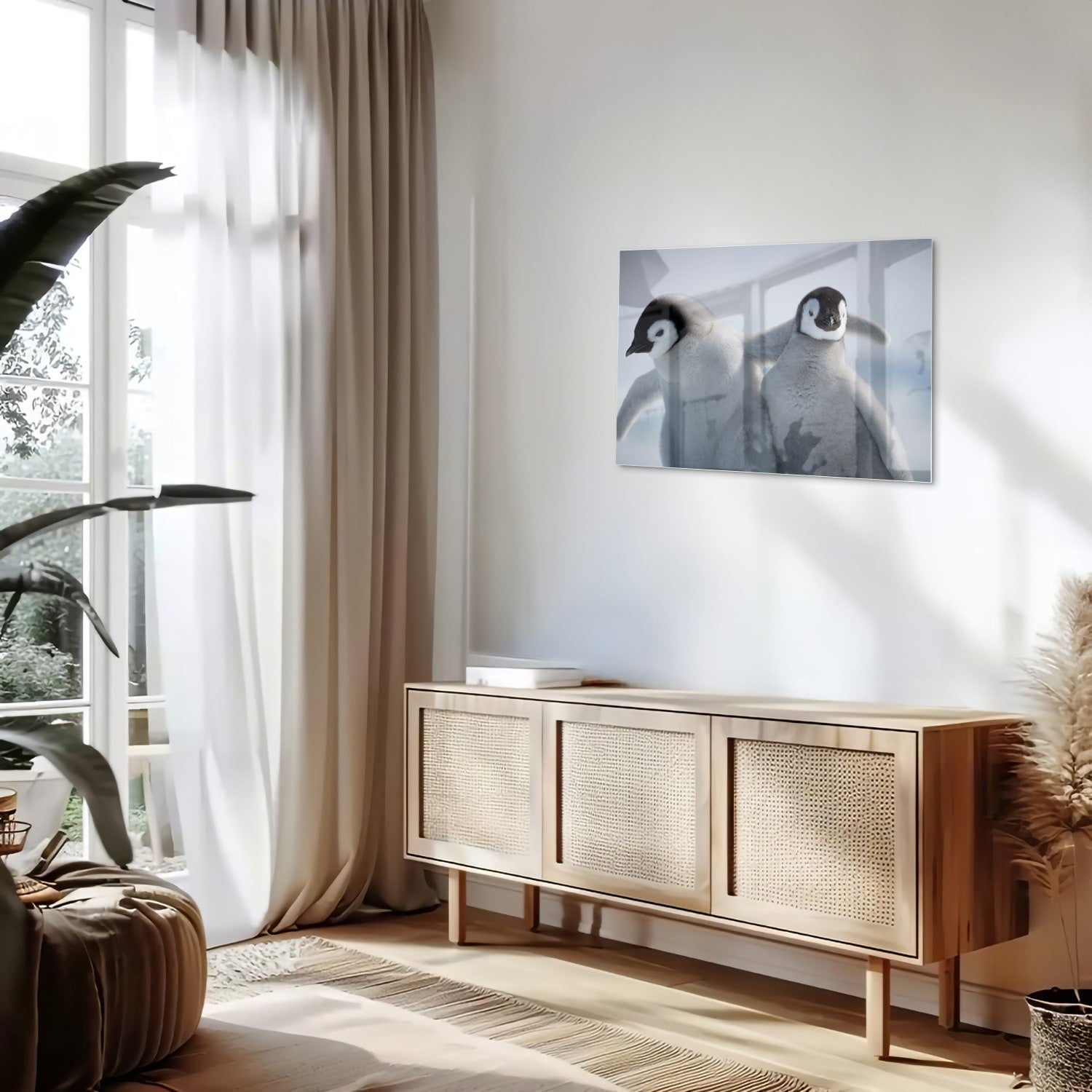 Glazen schilderij van twee pinguns in een winterlandschap.