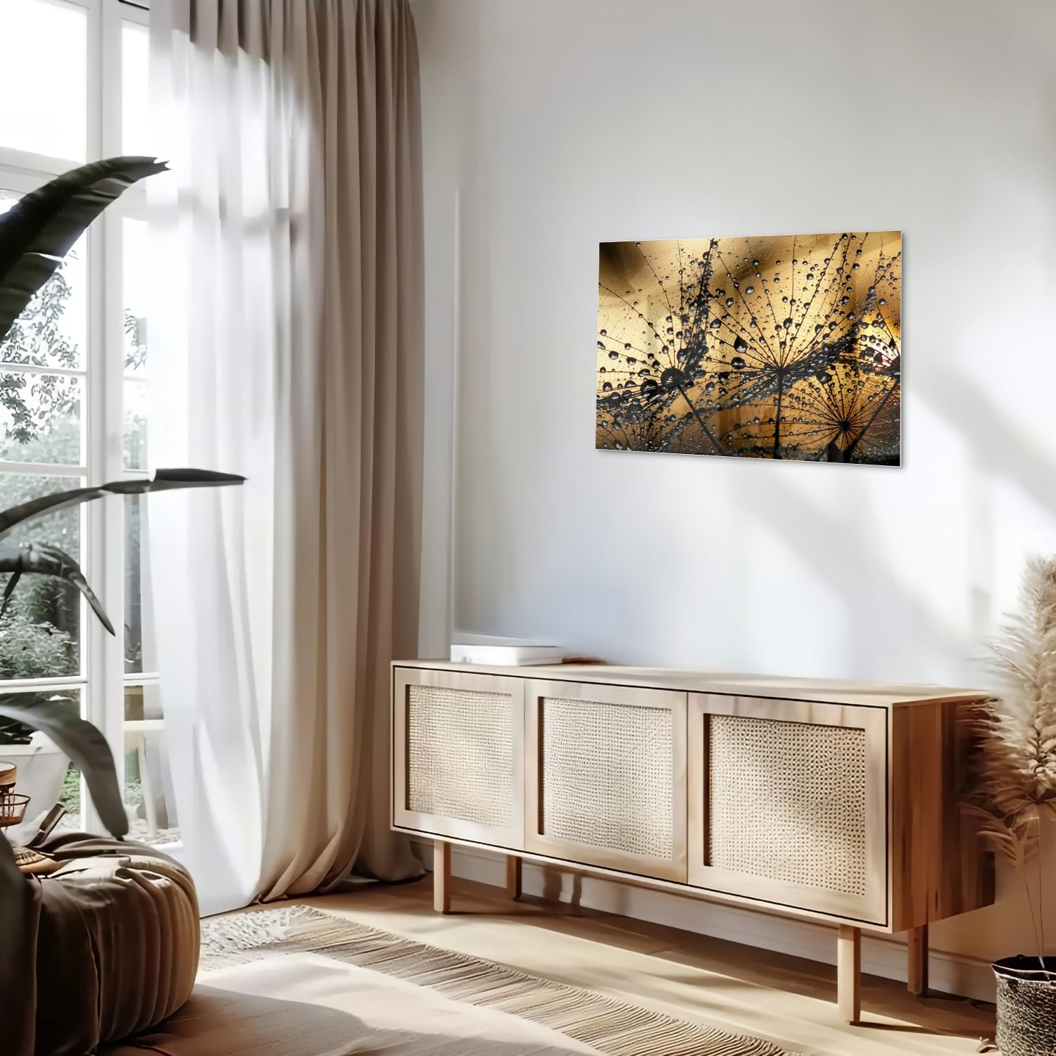 Glazen schilderij met gouden waterdruppels op een lichte muur.
