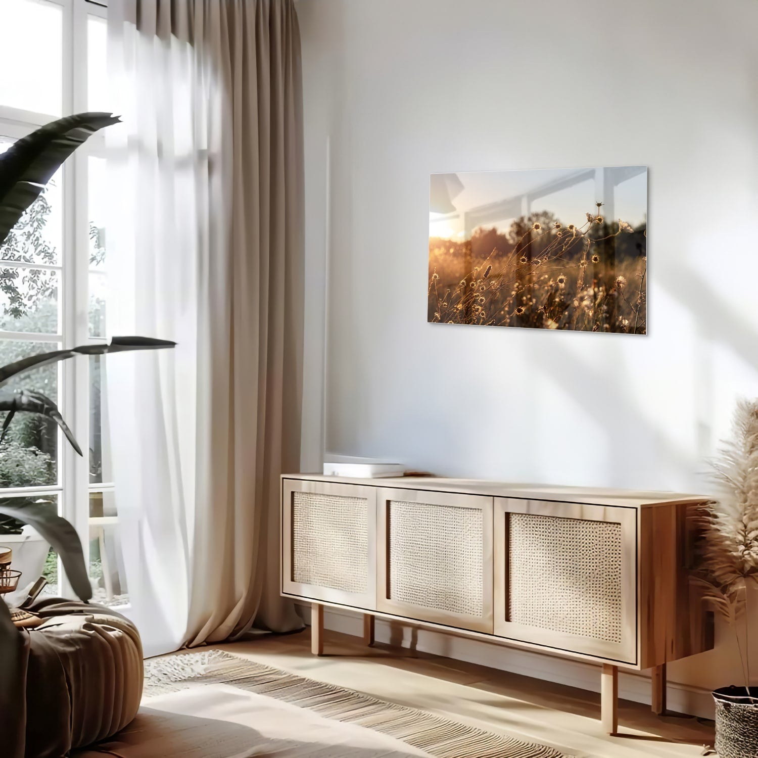 Glazen schilderij van een zonsondergang met bloeiende bloemen, hangend aan een witte muur.