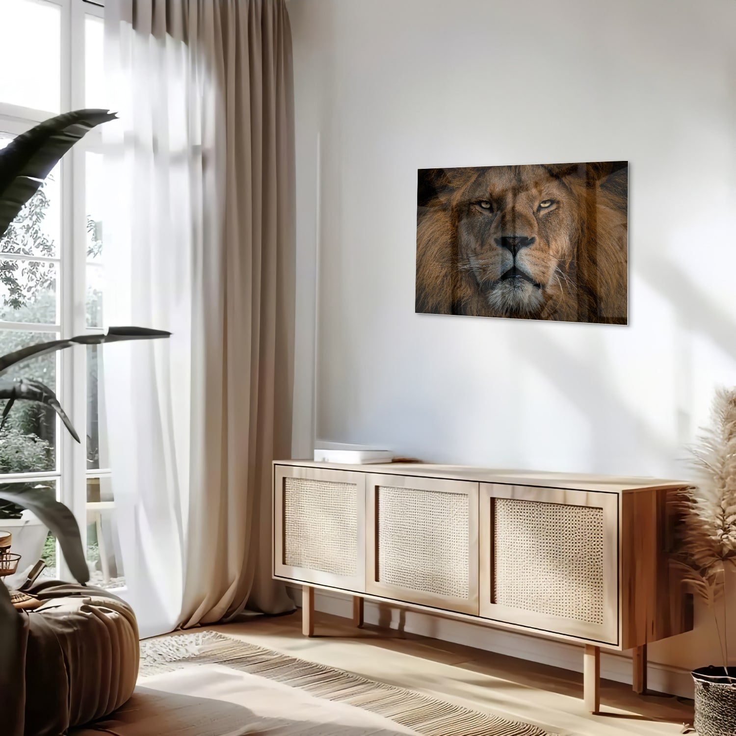 Glazen schilderij van een leeuw, een krachtige uitstraling voor de wand.