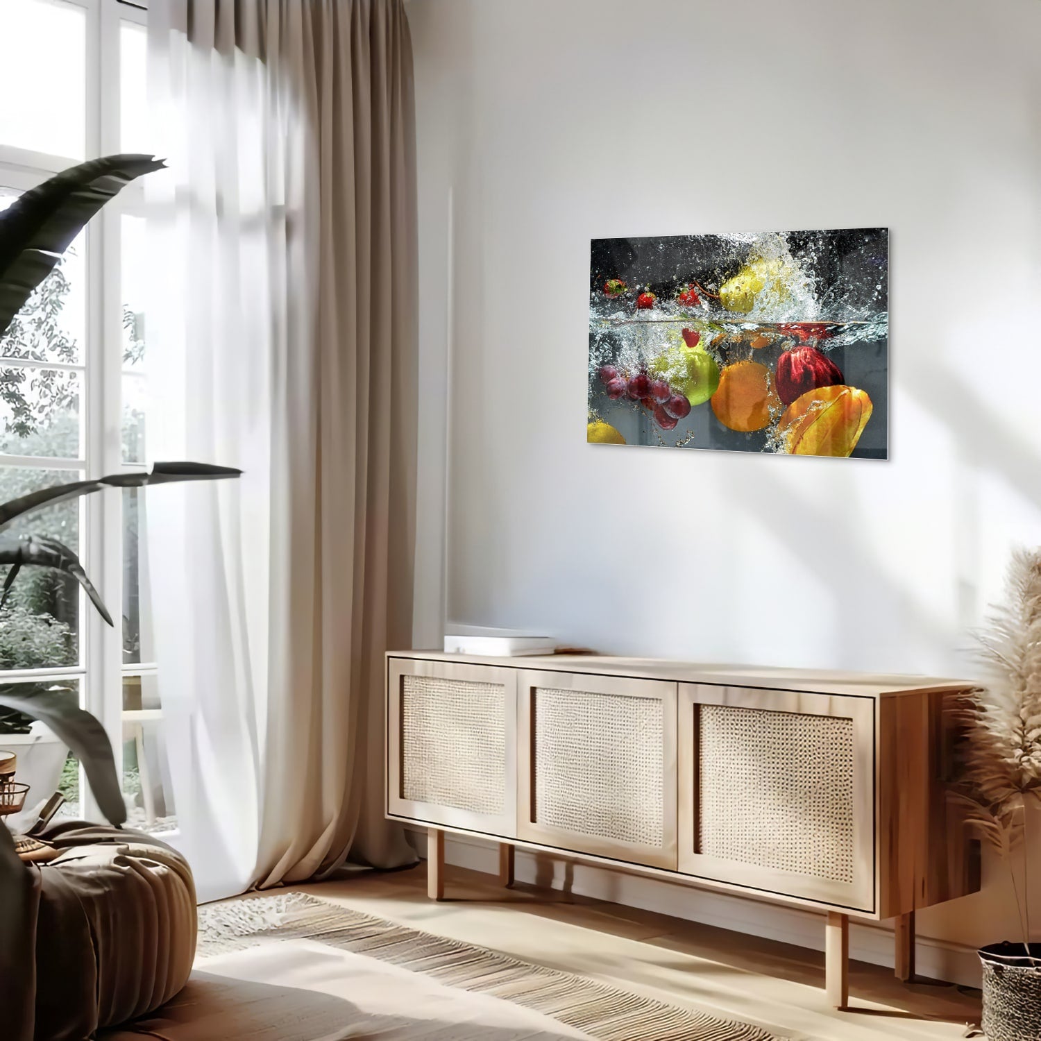 Glazen schilderij met kleurrijk fruit en sprankelend water