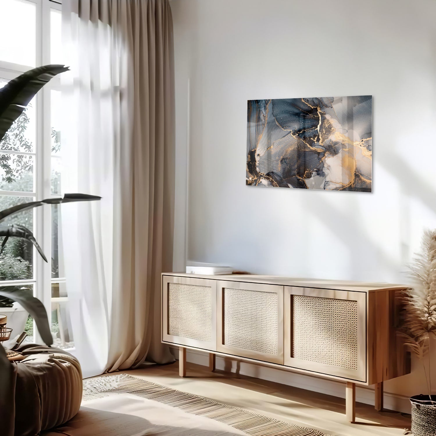 Elegant glazen schilderij met blauwe en gouden abstracte lagen