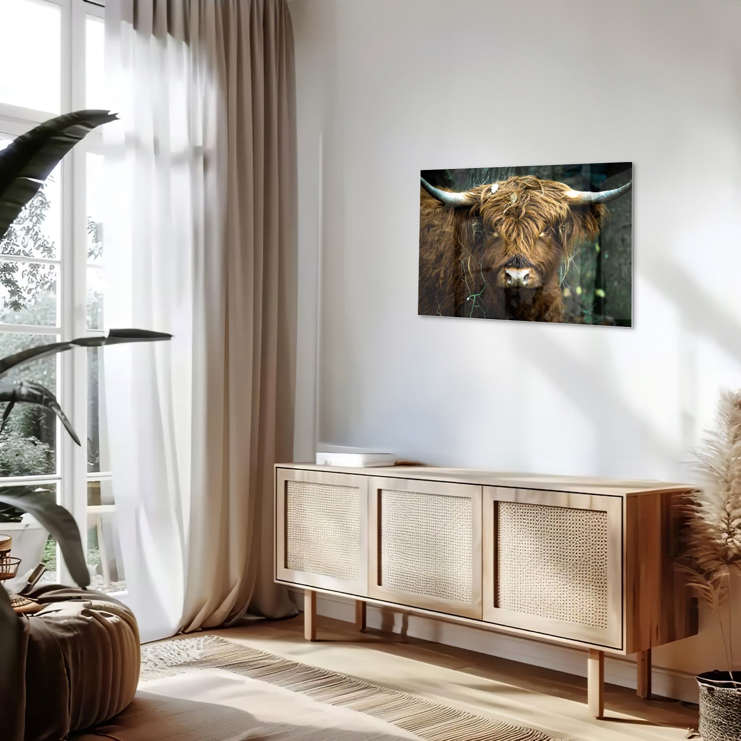 Glazen schilderij van een Schotse Hooglander in een natuurlijke omgeving