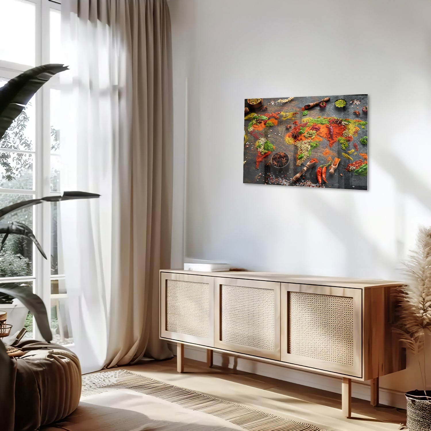 Glazen schilderij met een kleurrijke voorstelling van specerijen en groenten.