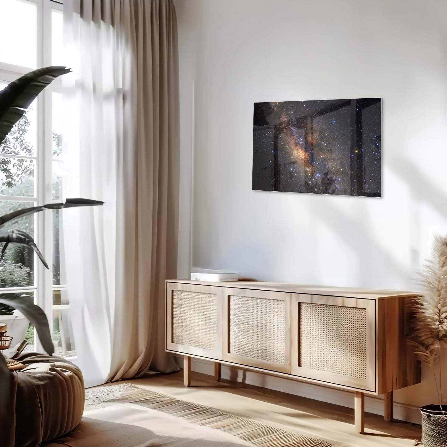 Glazen schilderij van het universum met sterren en nevels