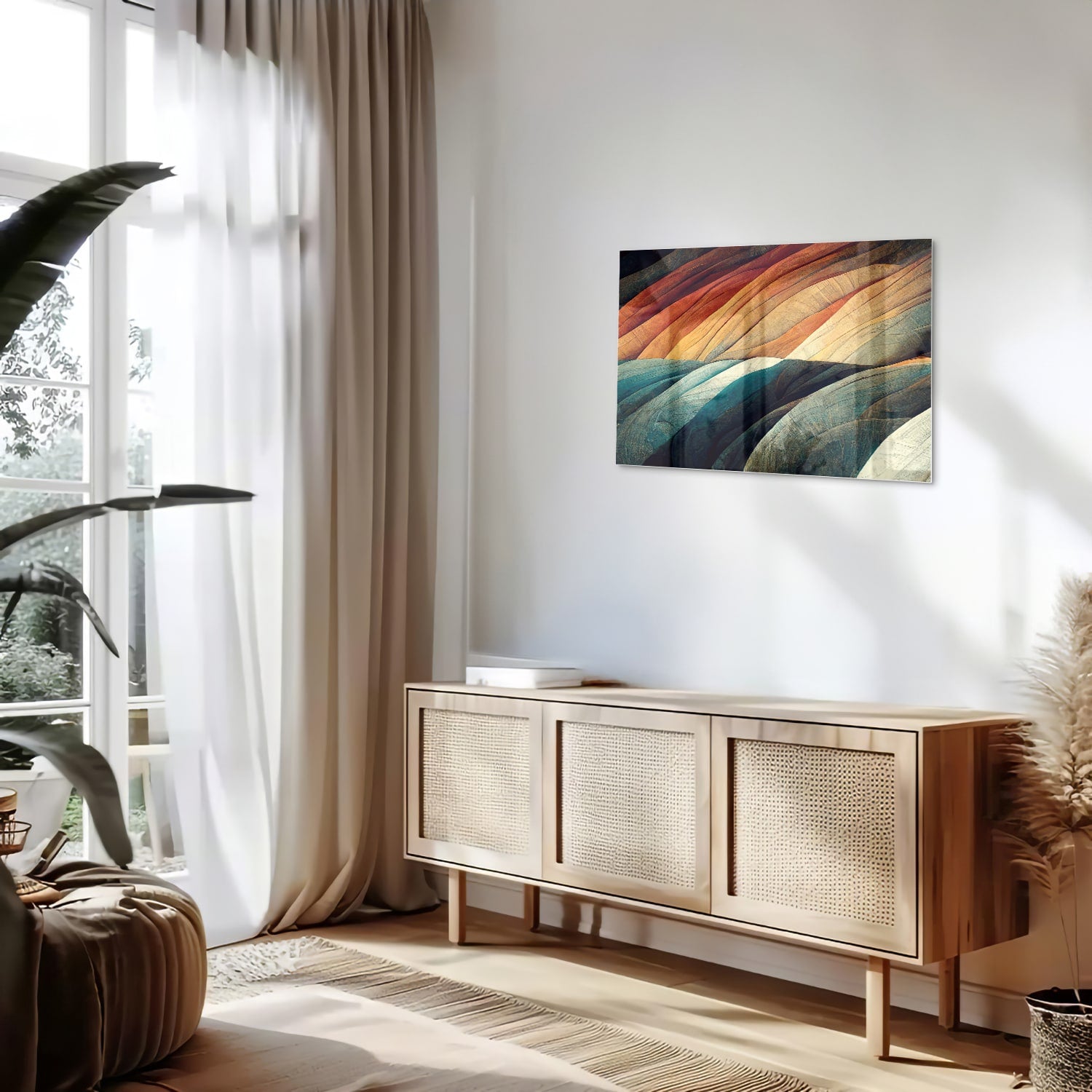 Abstract glazen schilderij met gekleurde golven in een moderne woonkamer.