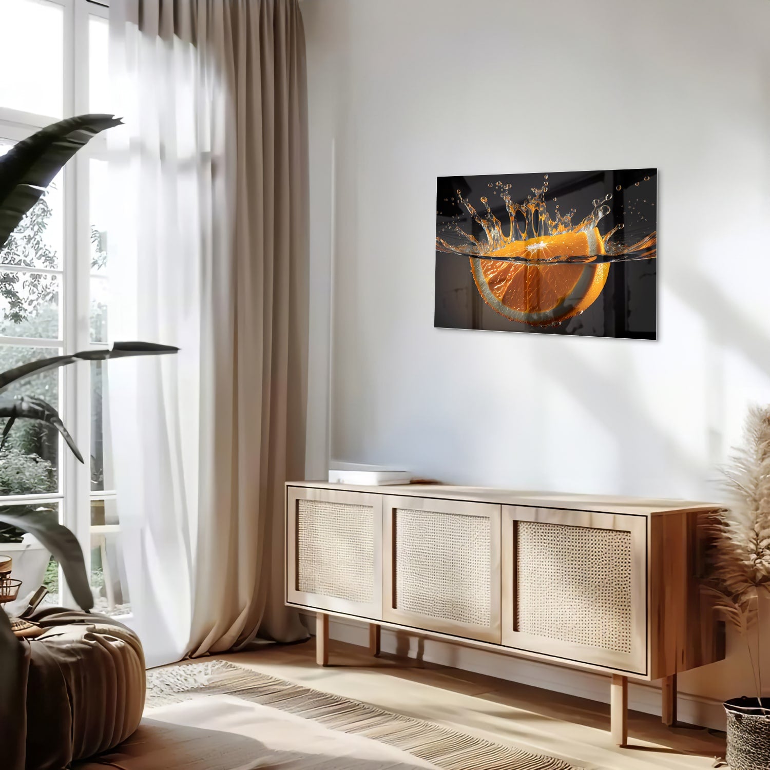 Glazen schilderij van een spetterende sinaasappel boven water.
