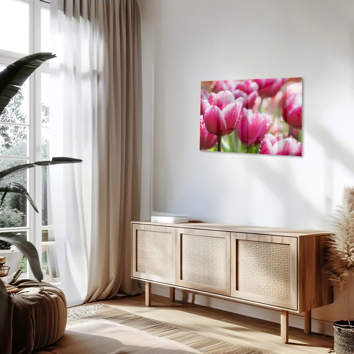 Glazen schilderij van roze tulpen met dauwdruppels, elegant en kleurig.