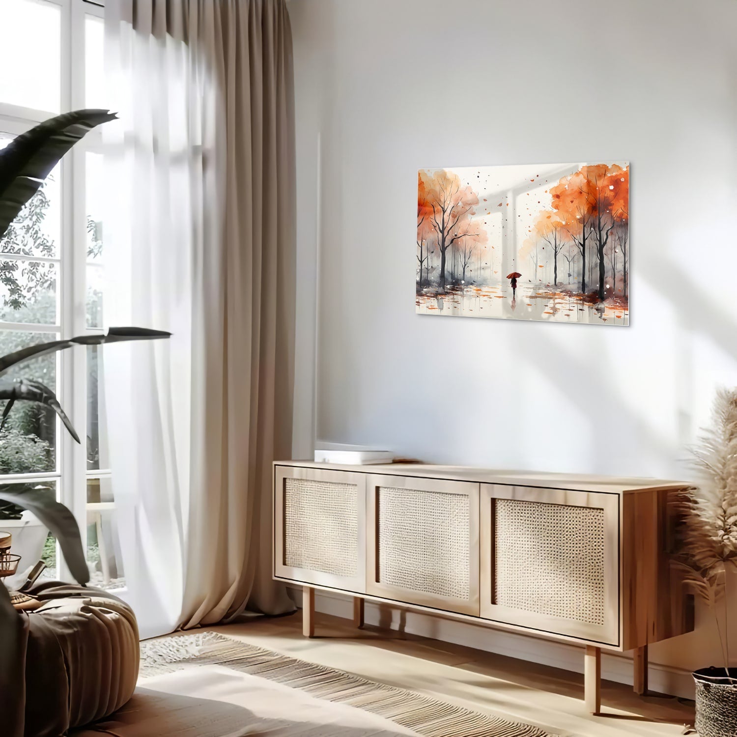 Glazen schilderij van een herfstlandschap met een wandelaar en kleurrijke bomen.