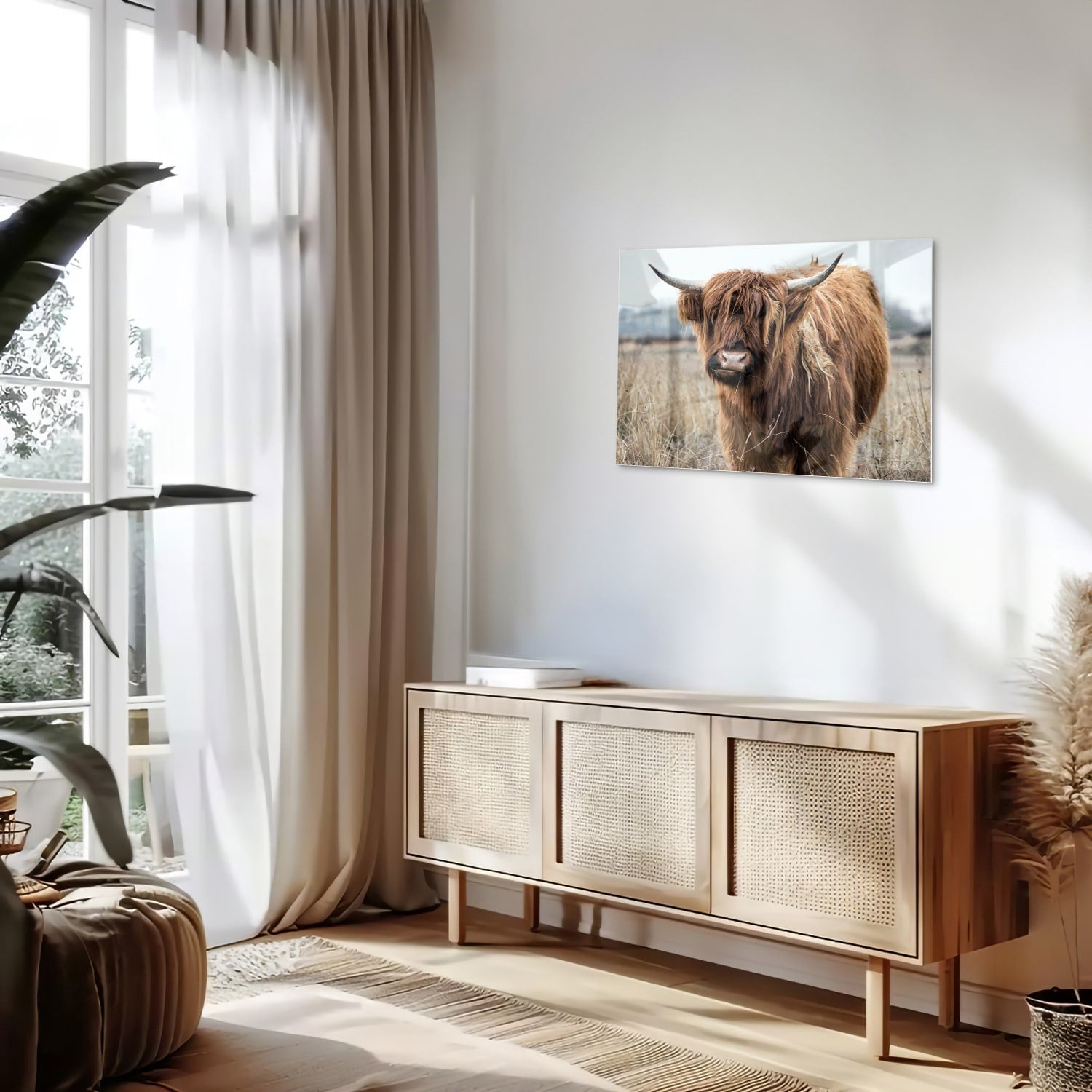 Glazen schilderij met een Houten Hooglander in een natuurlijke omgeving.