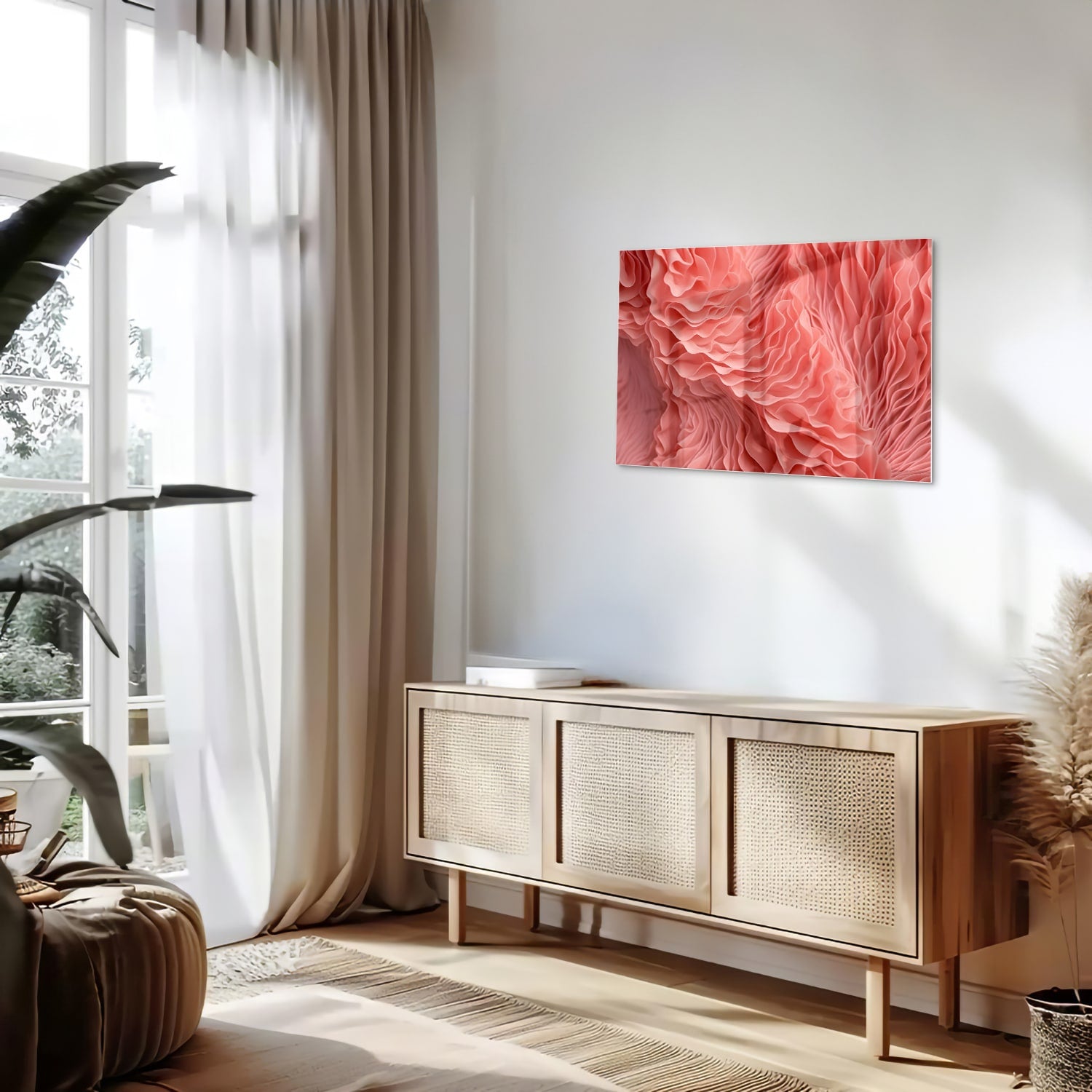 Abstract glazen schilderij in roze met golvende patronen, perfect voor wanddecoratie.