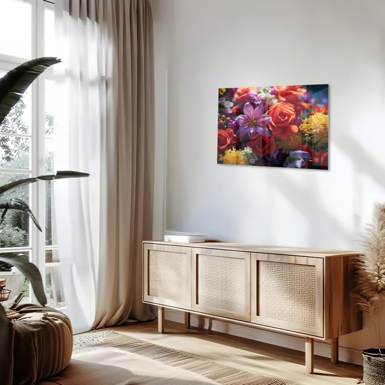 Kleurrijk glazen schilderij met een prachtige bloemencompositie.