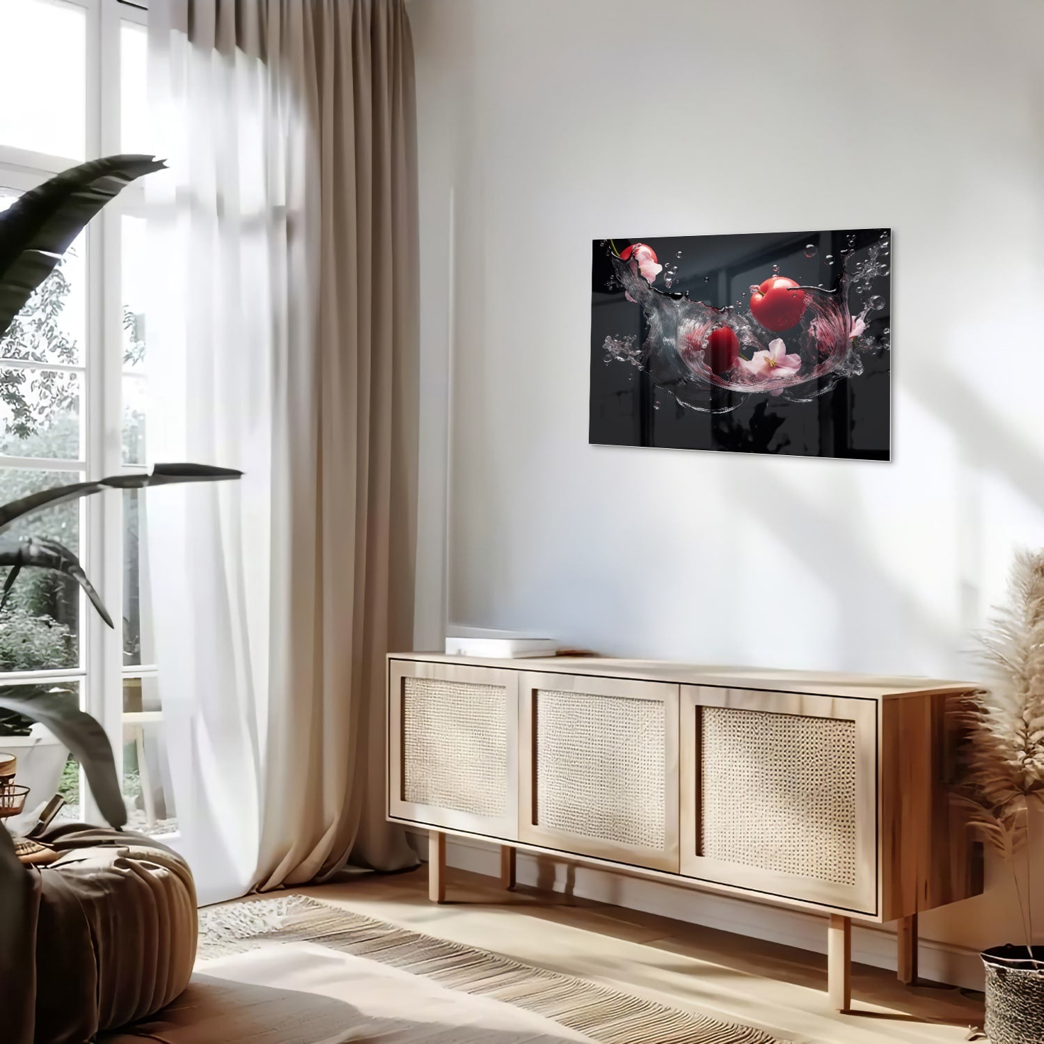 Glazen schilderij met roze bloemen en waterdruppels op een zwarte achtergrond.