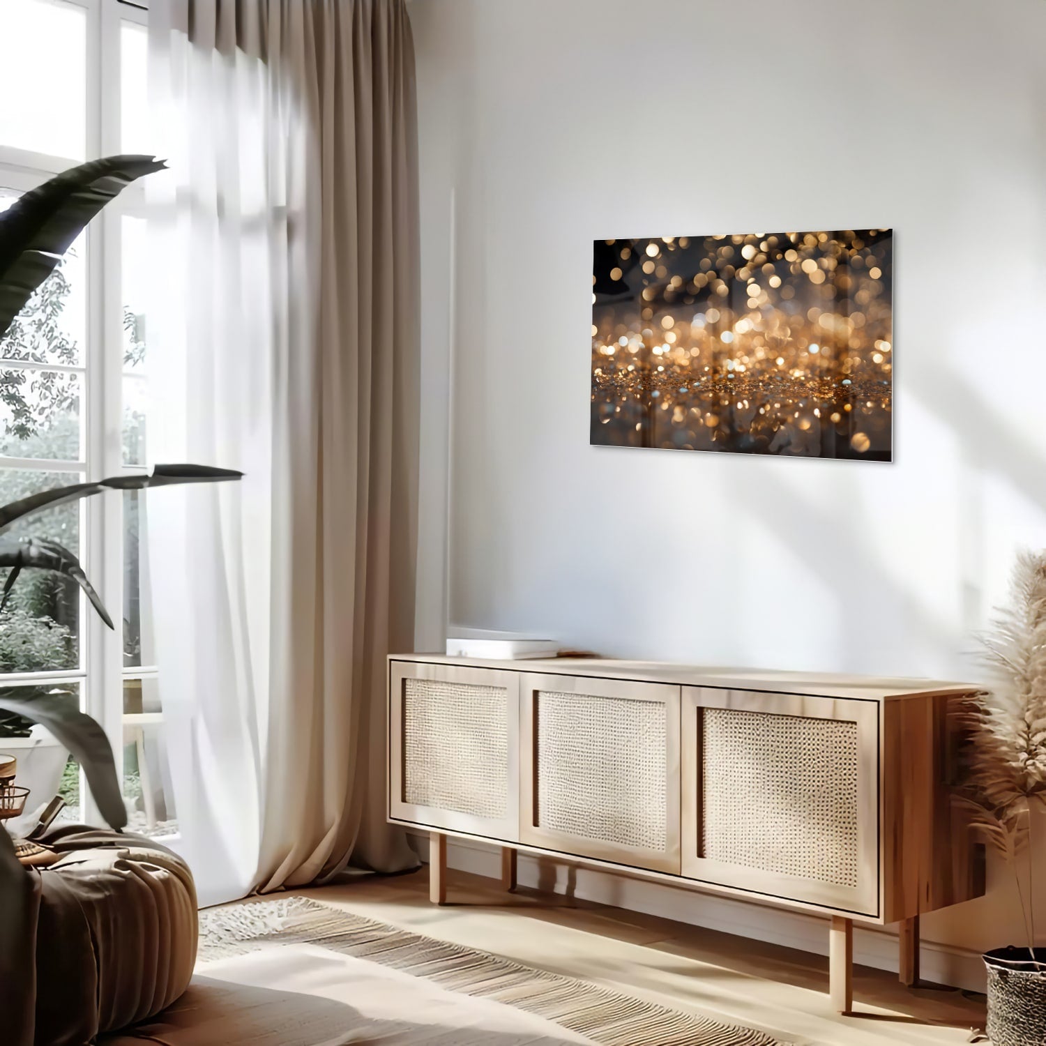 Glazen schilderij met gouden bokeh-effect aan de muur in een moderne woonkamer.
