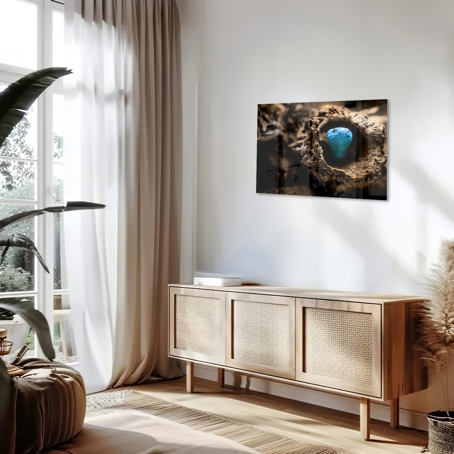 Glas schilderij met een blauwe parel in een nest, stijlvol en modern.