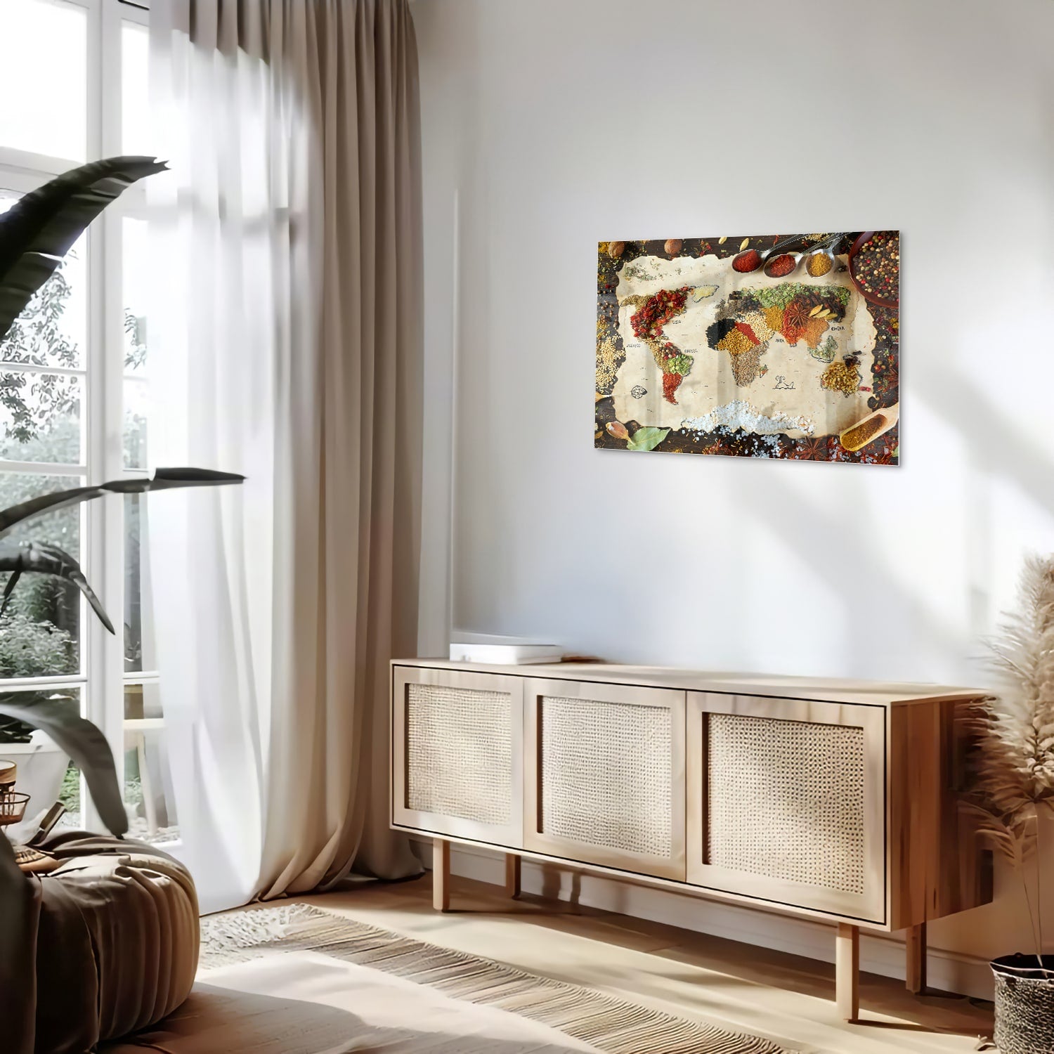 Kleurrijk glazen schilderij met een artistieke weergave van fruit en specerijen aan de muur.