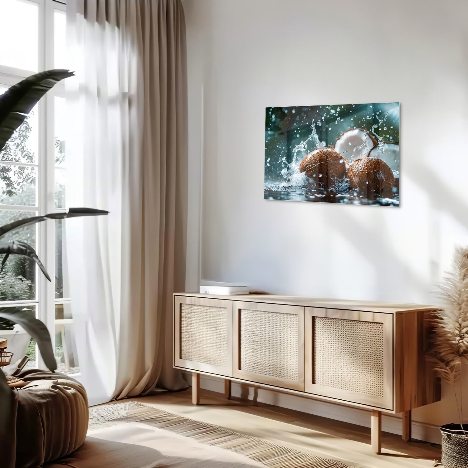 Glas schilderij van kokosnoten met spetters water, perfect voor wanddecoratie.
