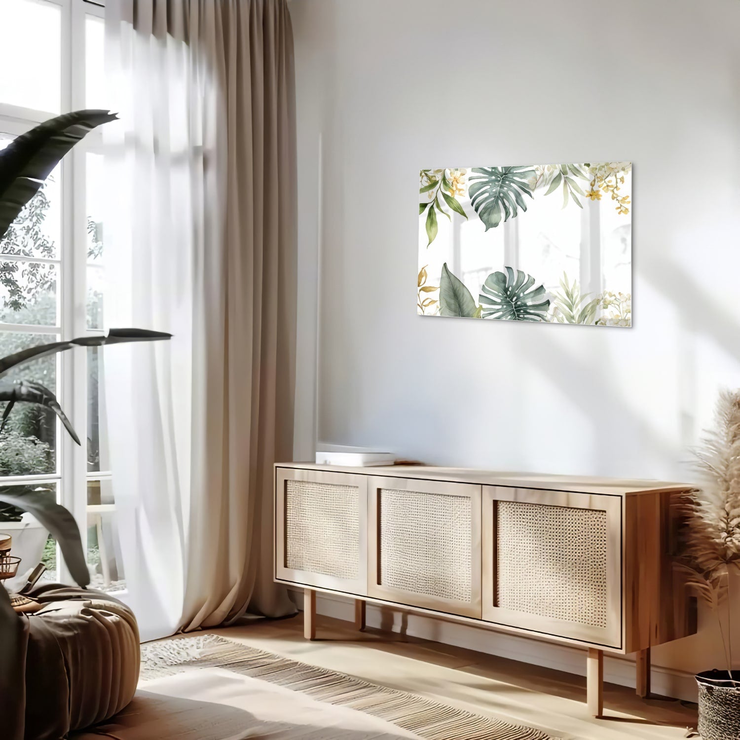 Glazen schilderij met tropische bladeren en botanische elementen aan een witte muur.
