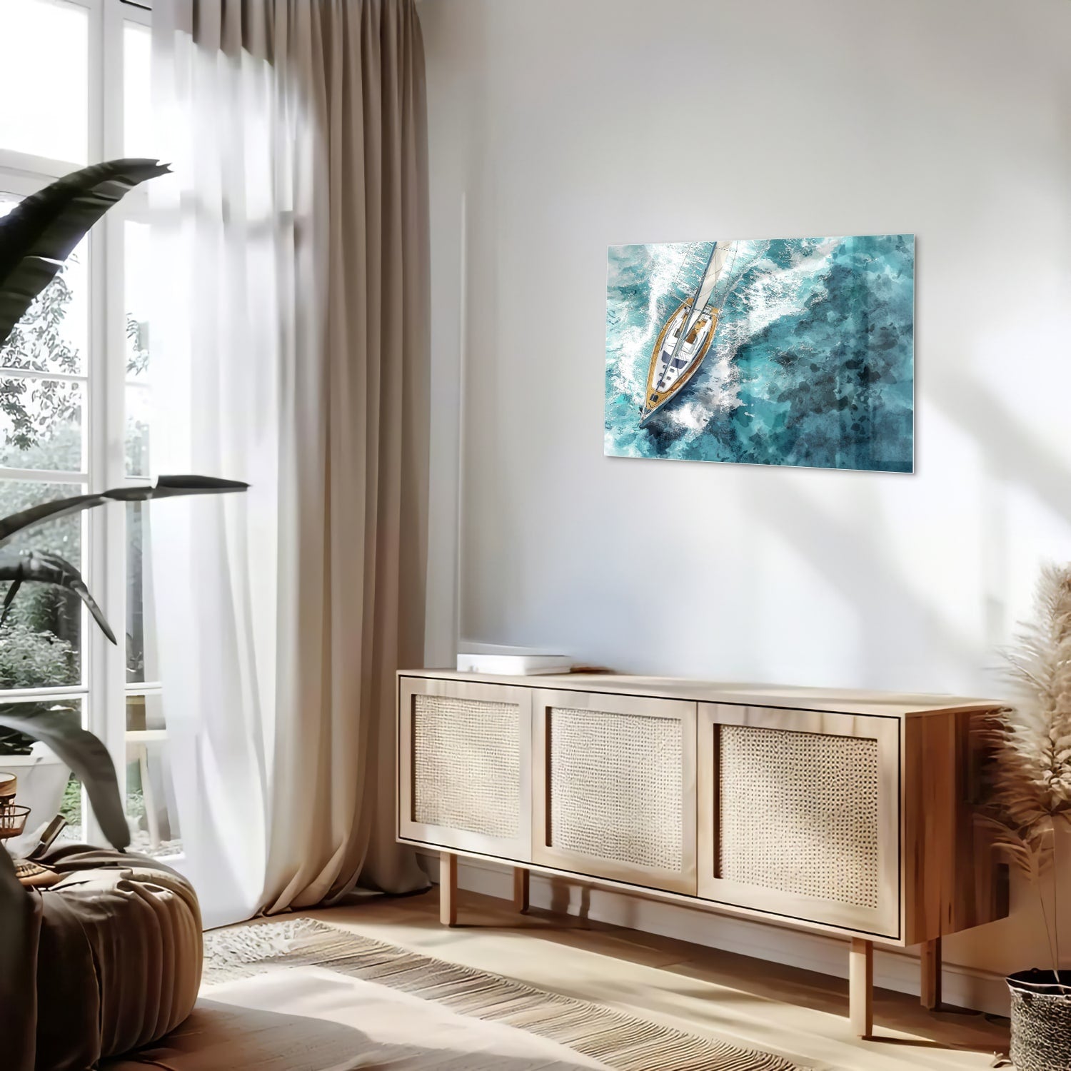 Glazen schilderij van een jacht die over een turquoise zee vaart.