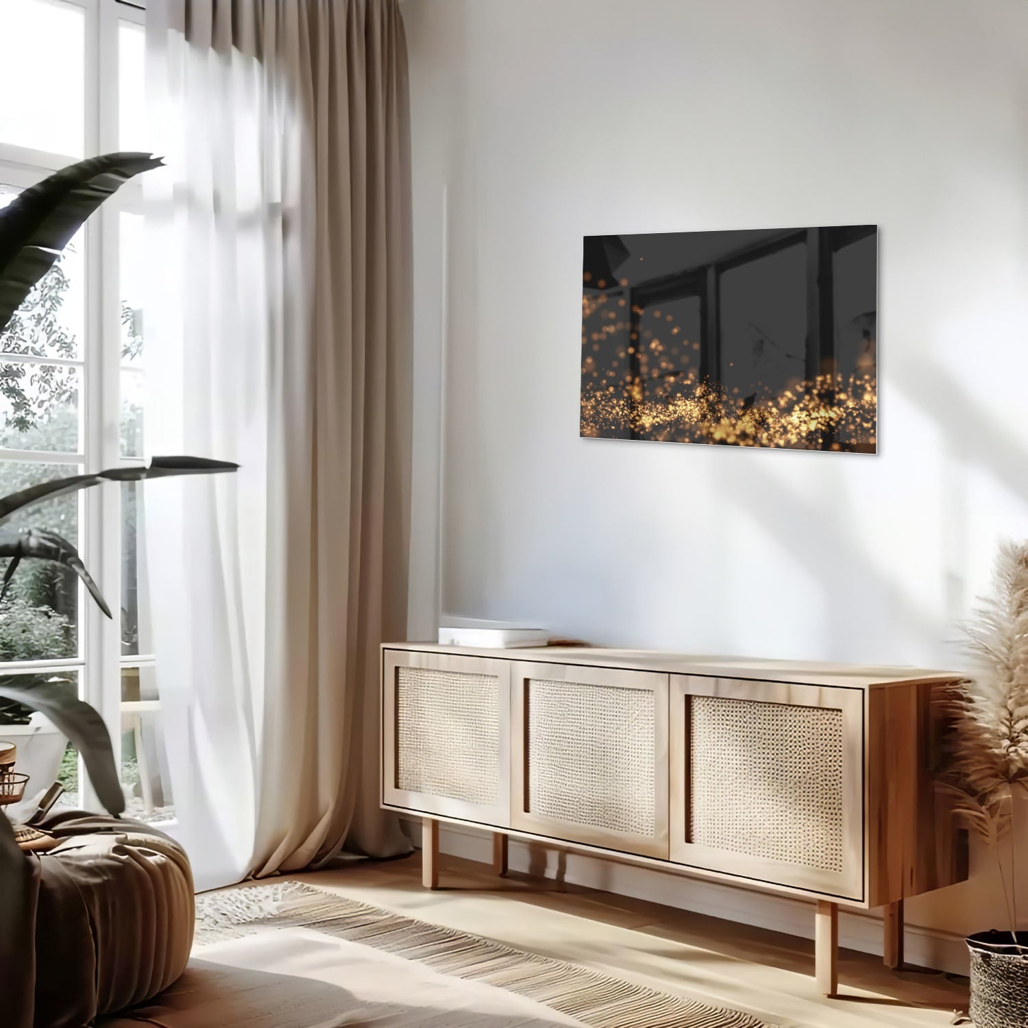 Glazen schilderij met gouden lichtpuntjes op een zwart vlak, ideaal voor moderne interieurs.