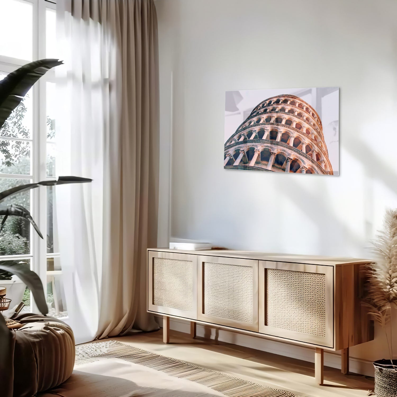 Glazen schilderij van de Scheve Toren van Pisa in warm tinten
