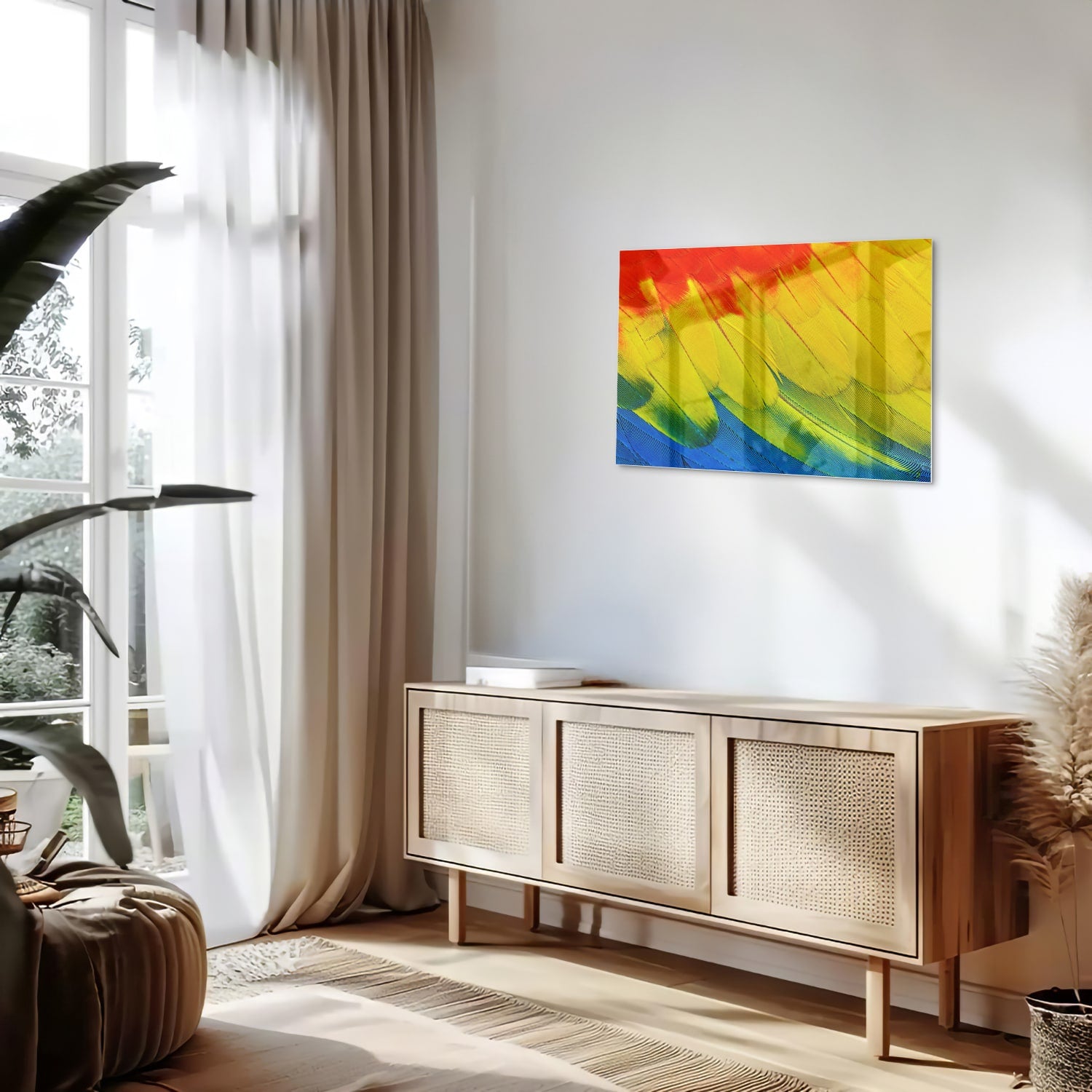 Abstract glazen schilderij met kleurrijke golven in rood, geel en blauw
