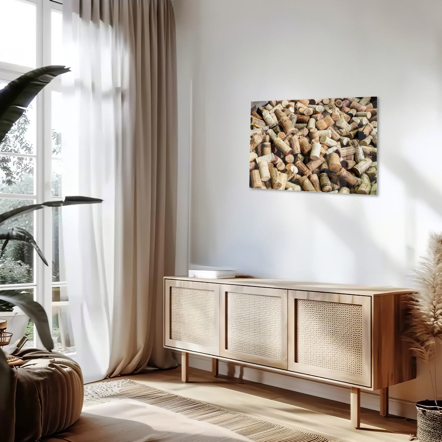 Glazen schilderij met een stapel wijnkurken op een muur.