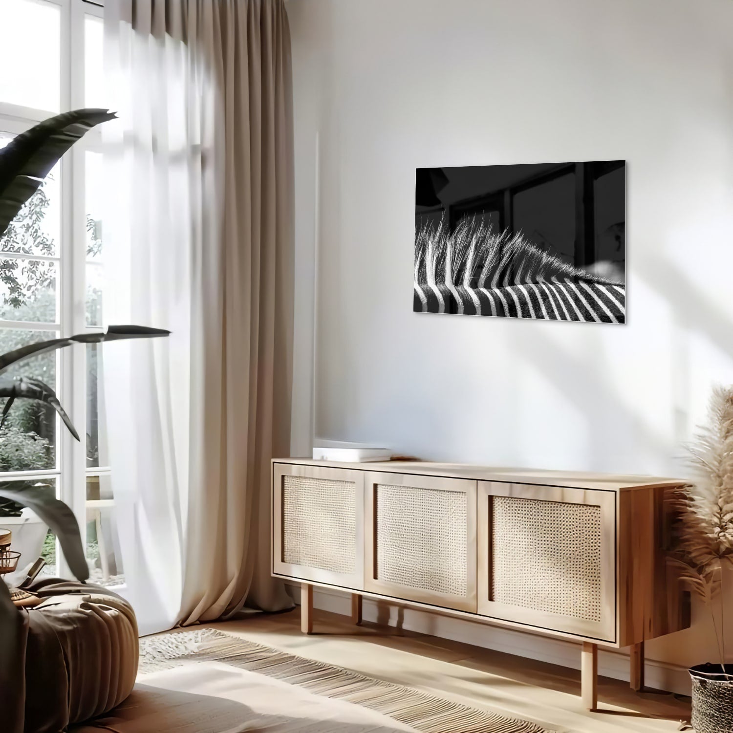 Een modern zwart-wit glazen schilderij met naadloze lijnen aan de muur.