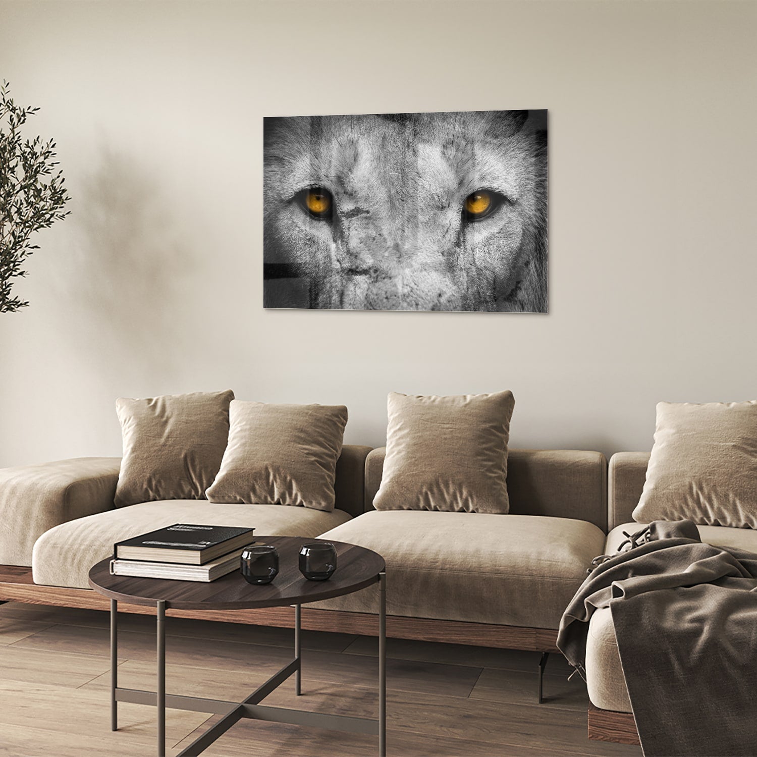 Glazen schilderij van een leeuw met gele ogen, prachtig voor aan de muur.