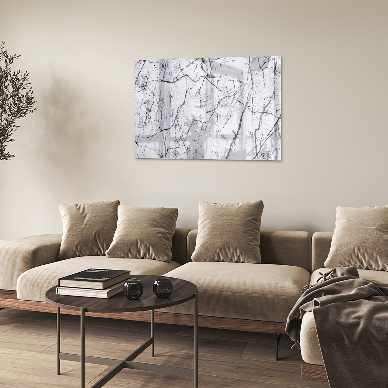 Abstract glazen schilderij met takkenstructuur in zwart-wit