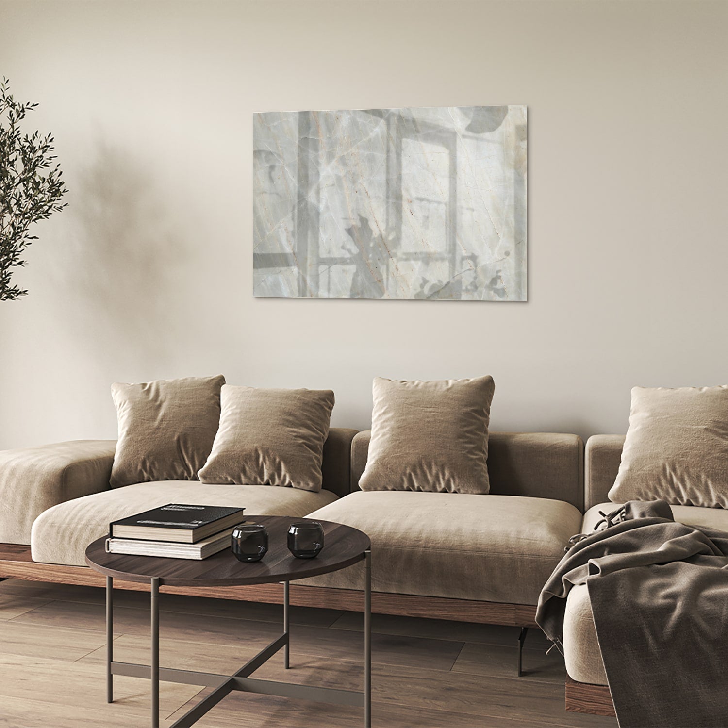Glazen schilderij met abstracte marmeren figuren, perfect voor interieurdecoratie.