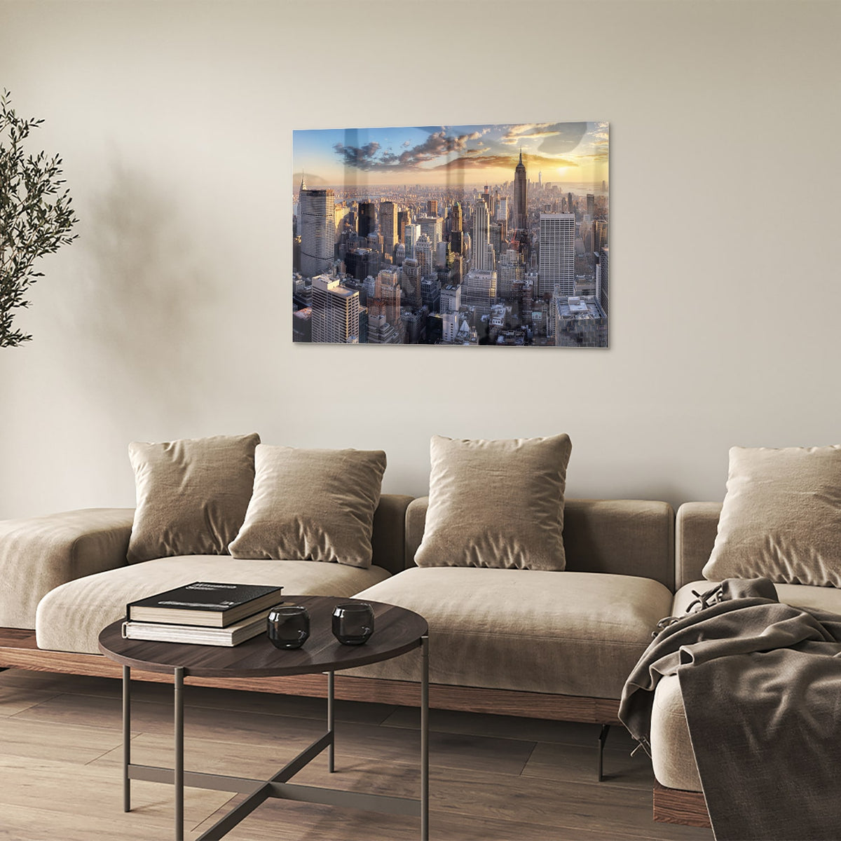 Glazen schilderij van de skyline van New York bij zonsondergang.