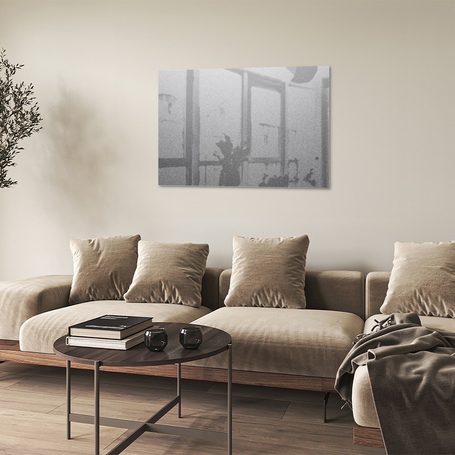 Minimalistisch glazen schilderij met reflecties, ideaal voor een modern interieur