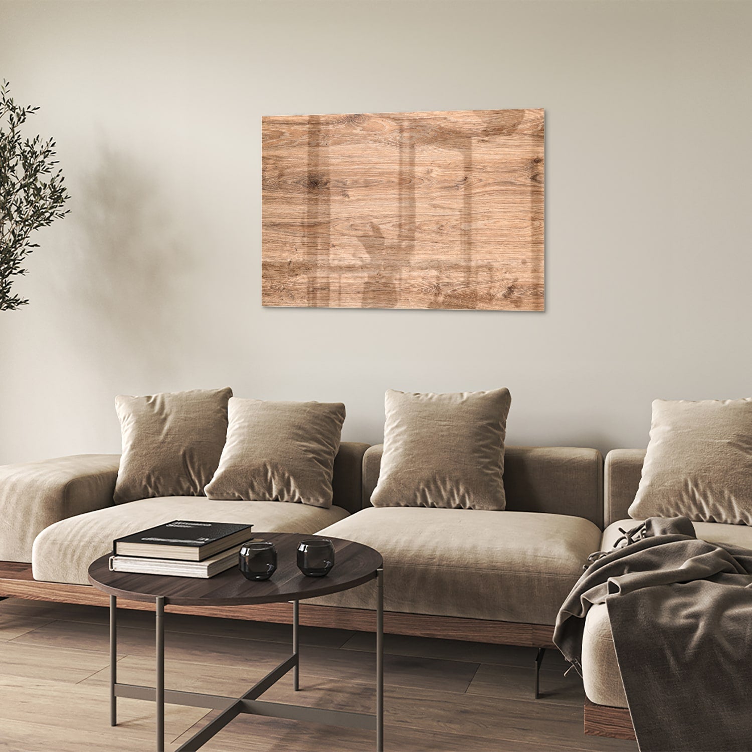 Glazen schilderij met een natuurlijke houtlook boven een moderne kast