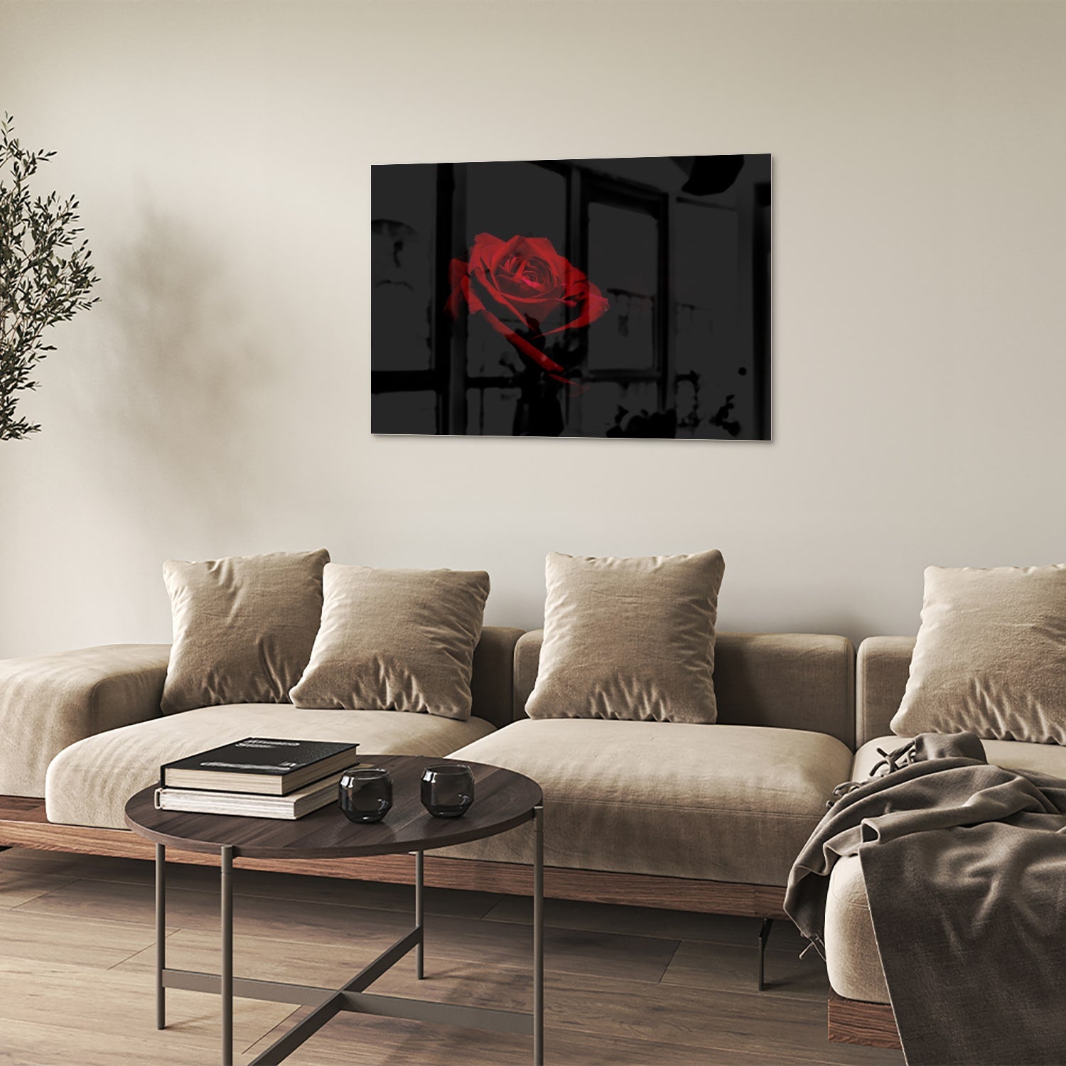 Glazen schilderij met rode roos op een zwarte achtergrond, elegant en modern.