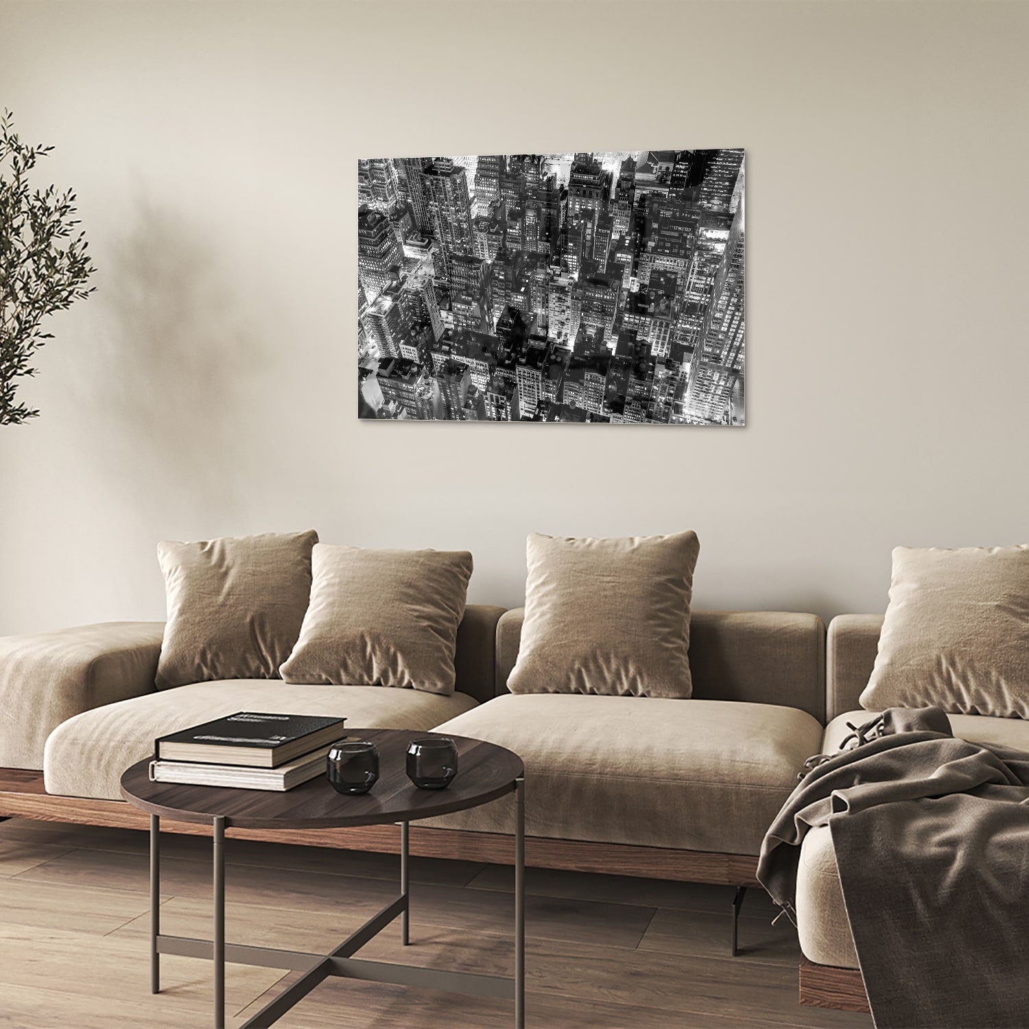 Zwart-wit glazen schilderij van een stad, prachtig decor voor modern interieur.