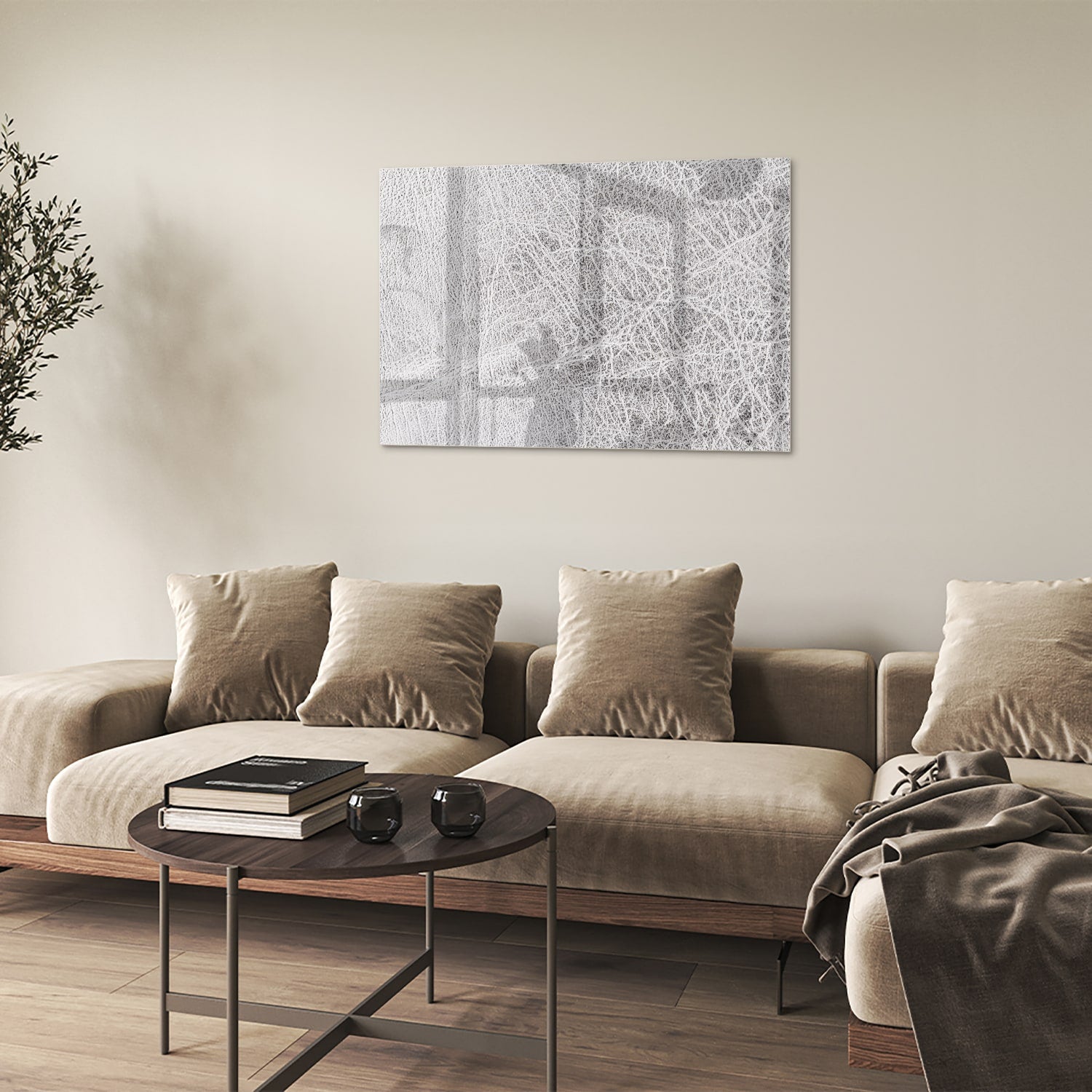 Een abstract glazen schilderij met lijnen, perfect voor moderne interieurs.