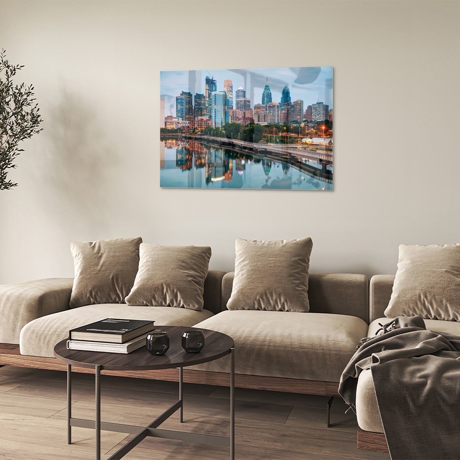 Glazen schilderij met een stadsgezicht en reflecties in het water
