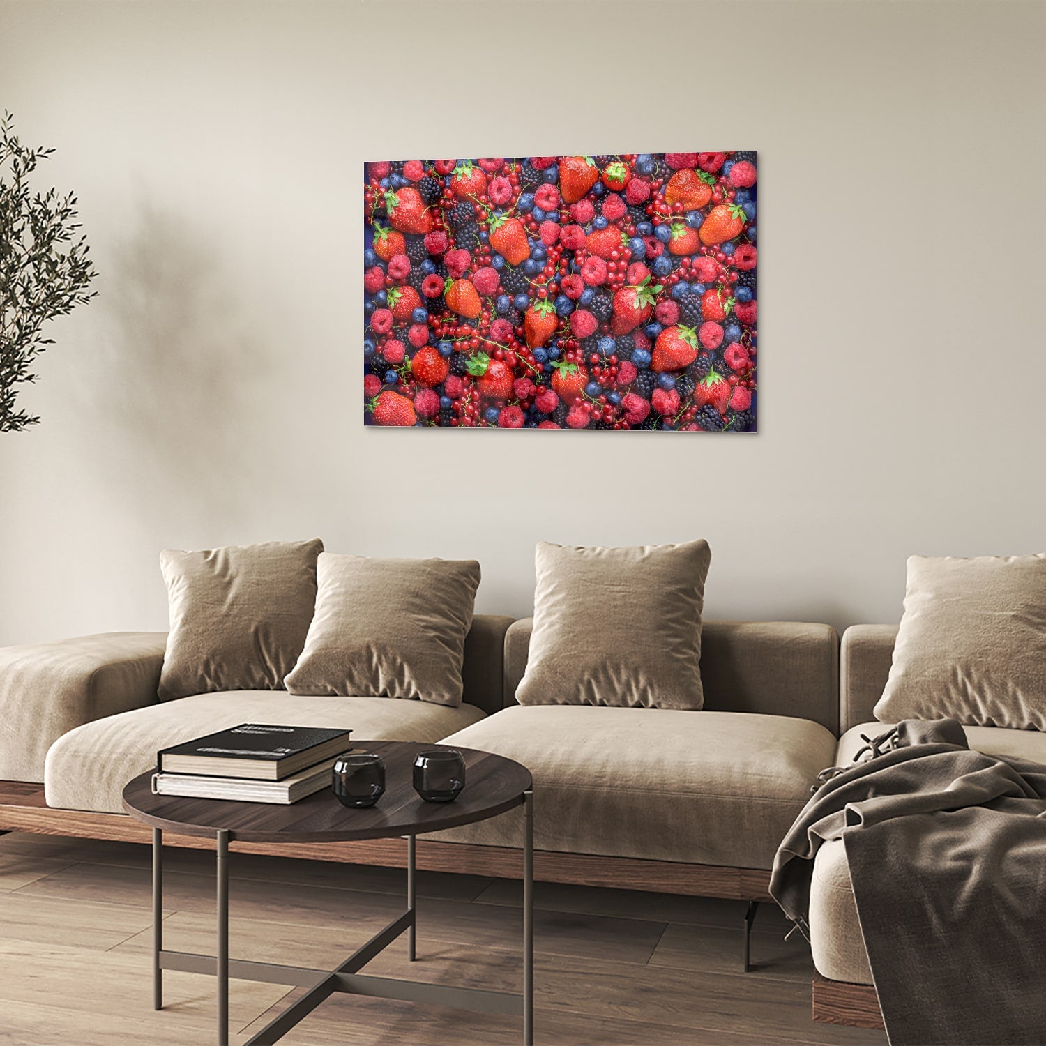 Glazen schilderij met een kleurrijke afbeelding van bessen en fruit