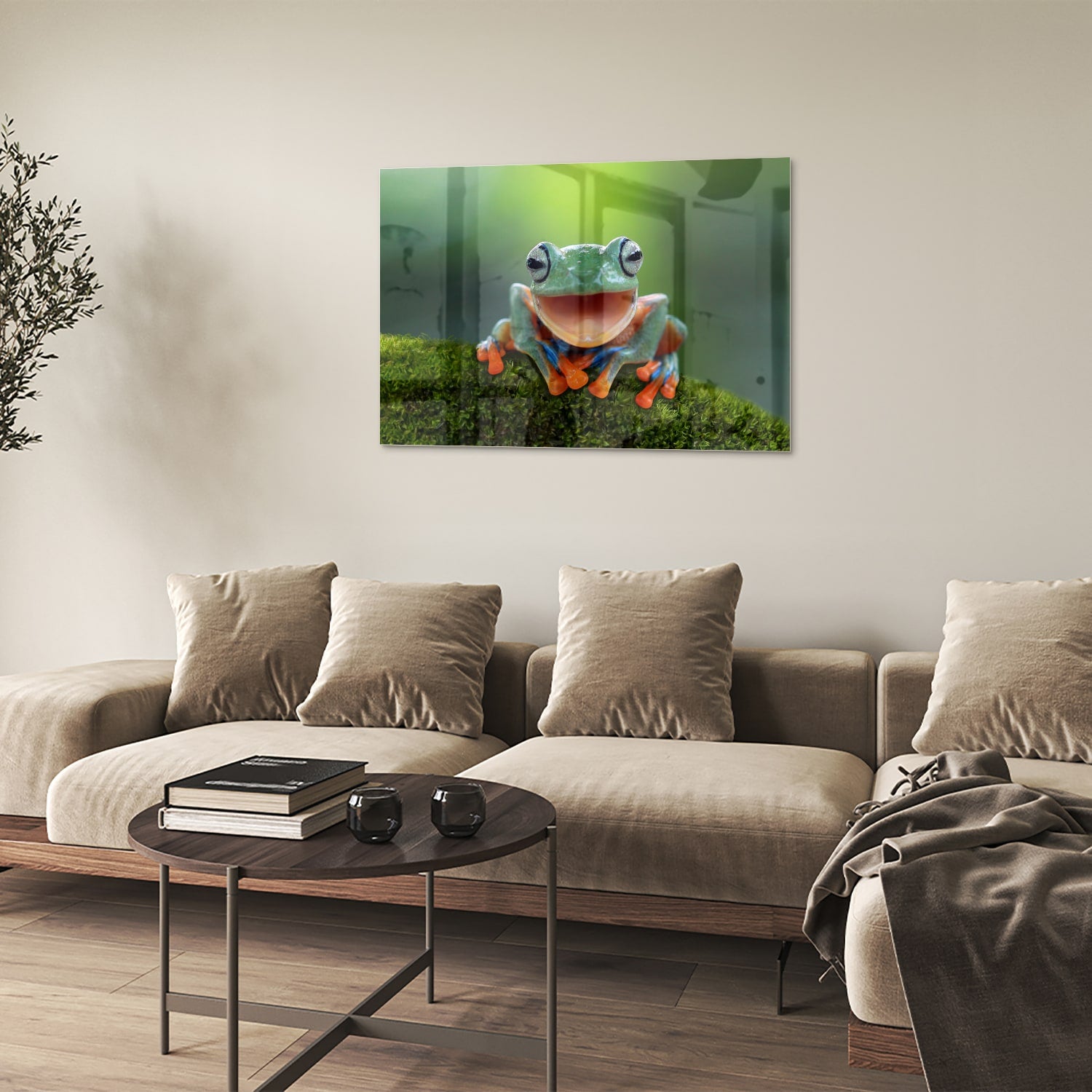Glazen schilderij van een vrolijke boomkikker op een groene achtergrond