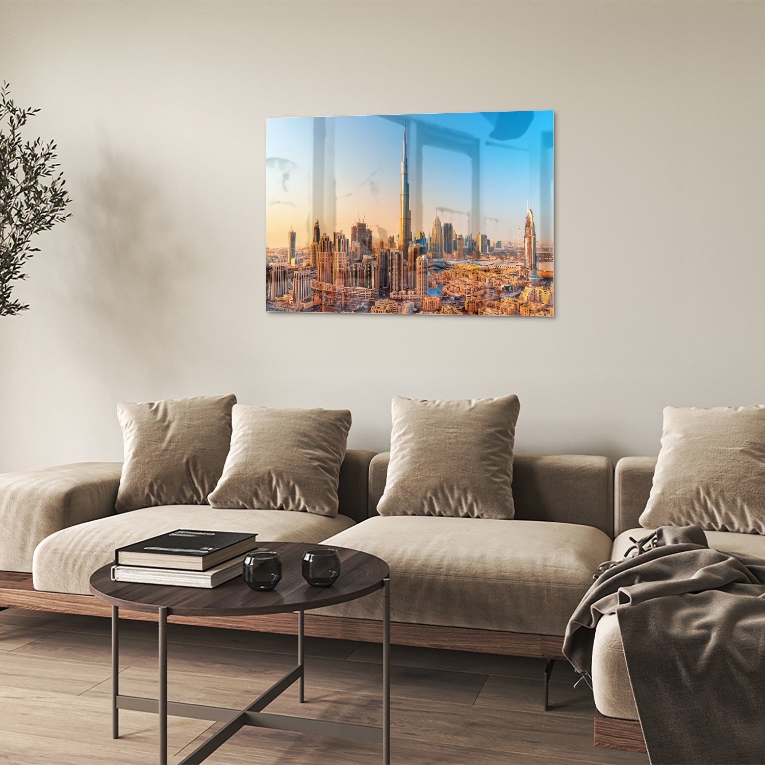 Glazen schilderij van de skyline van Dubai met Burj Khalifa tijdens zonsondergang
