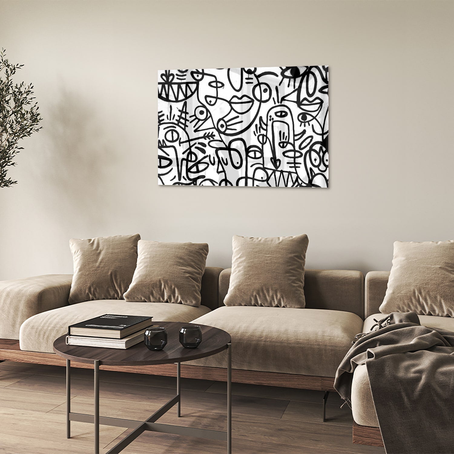 Abstract glazen schilderij in zwart-wit met vormen en lijnen